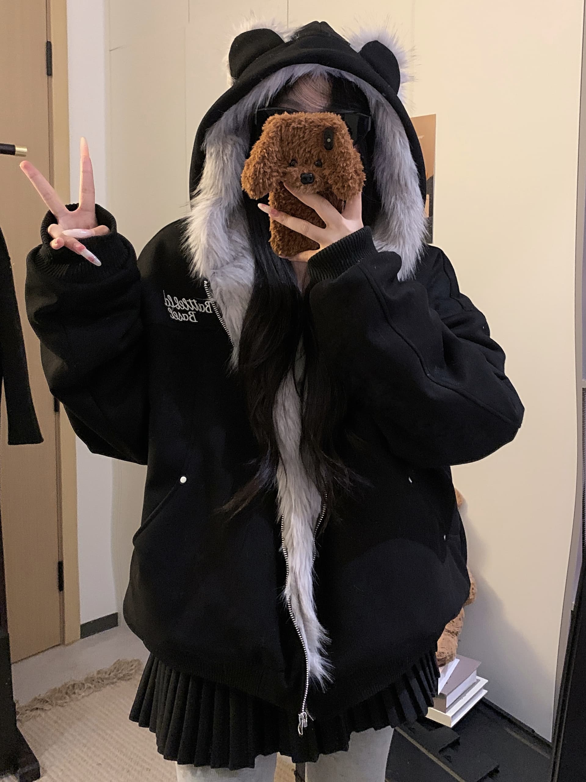 실사 토끼 귀 모피 칼라 좌 산 조각 스웨이드 원단 면 옷 겨울 두꺼운 보온 루즈핏 솜을 넣은 지퍼 재킷 트렌디 상세 이미지 24