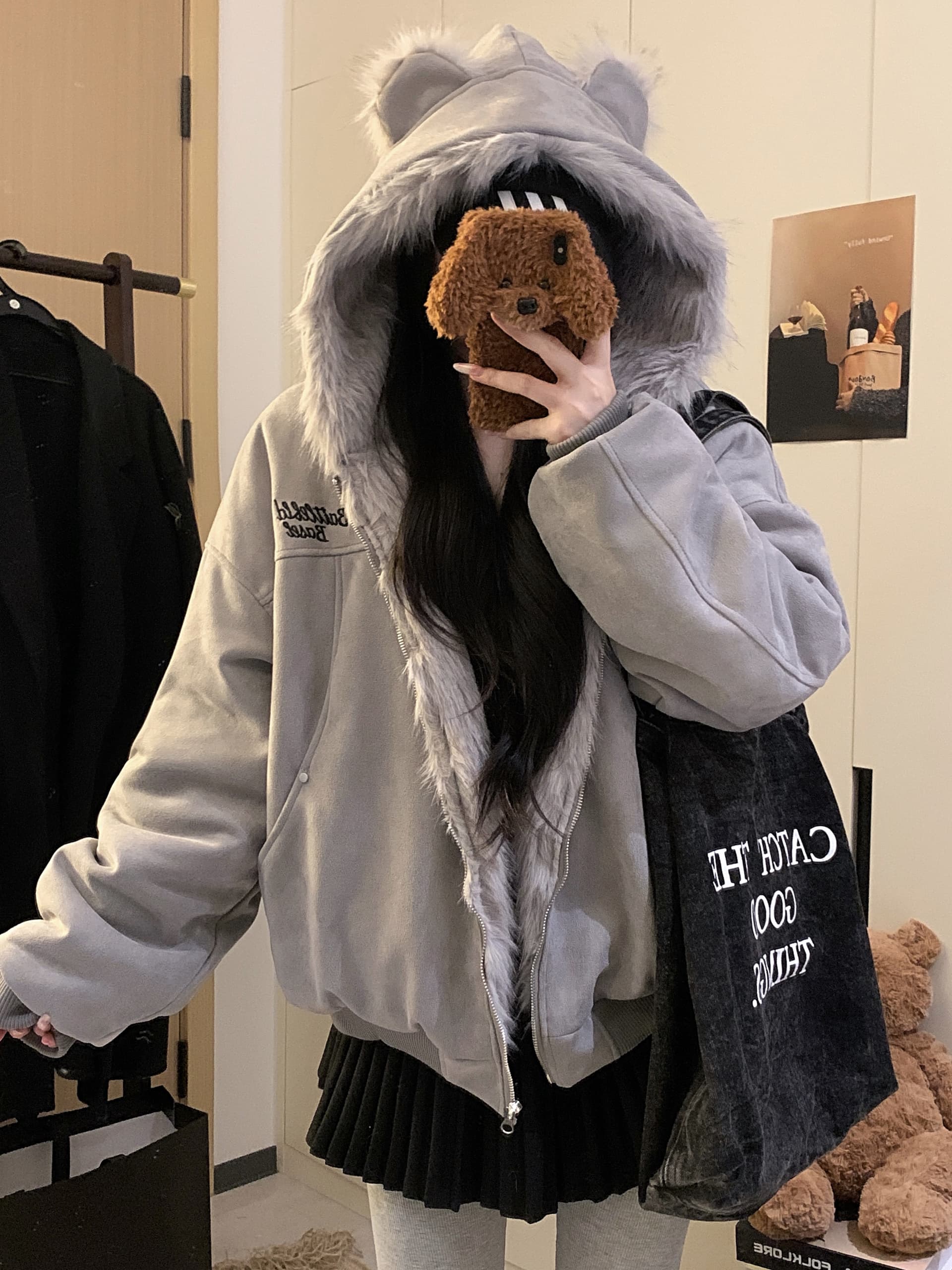 실사 토끼 귀 모피 칼라 좌 산 조각 스웨이드 원단 면 옷 겨울 두꺼운 보온 루즈핏 솜을 넣은 지퍼 재킷 트렌디