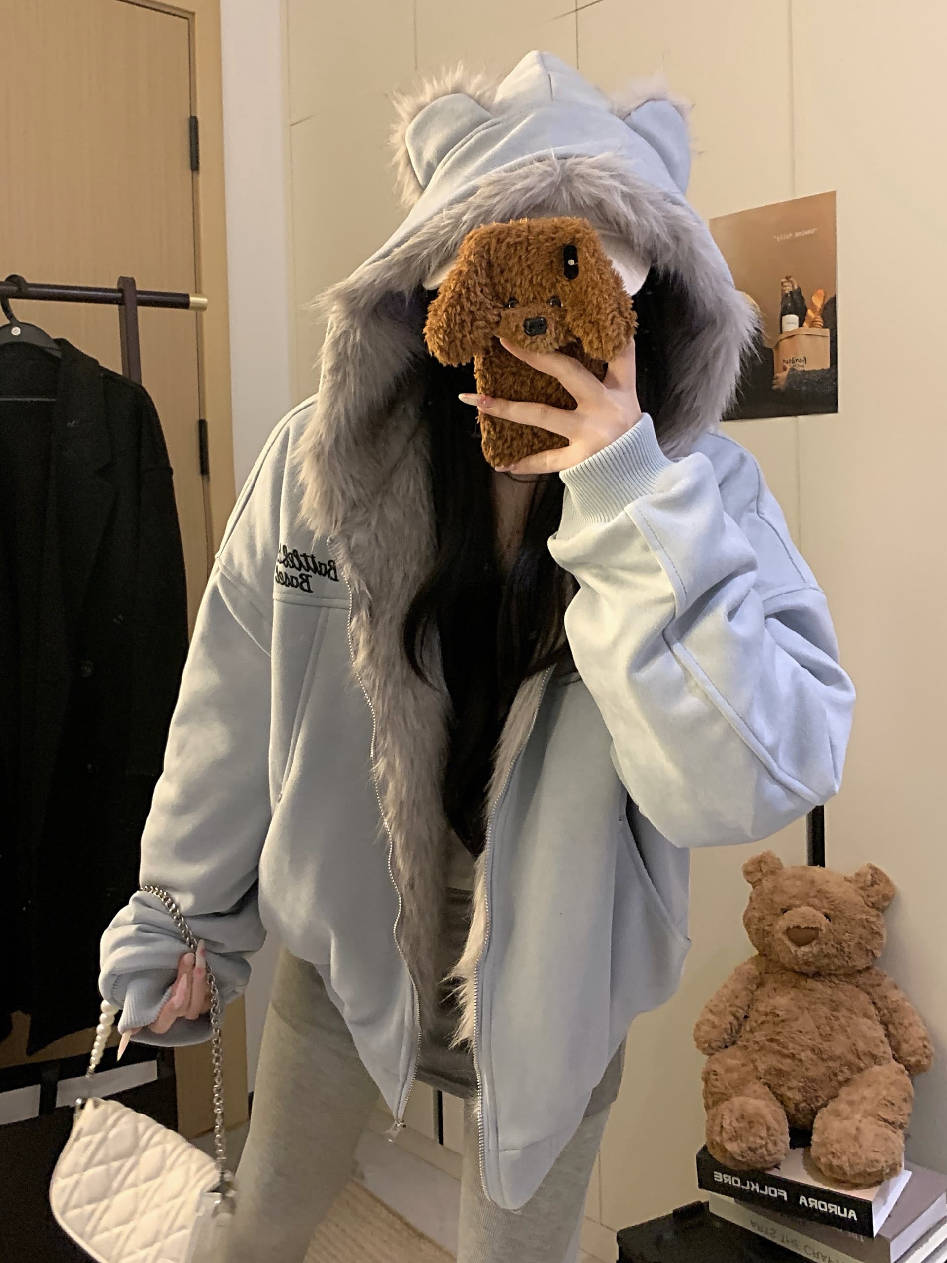 실사 토끼 귀 모피 칼라 좌 산 조각 스웨이드 원단 면 옷 겨울 두꺼운 보온 루즈핏 솜을 넣은 지퍼 재킷 트렌디 상세 이미지 18