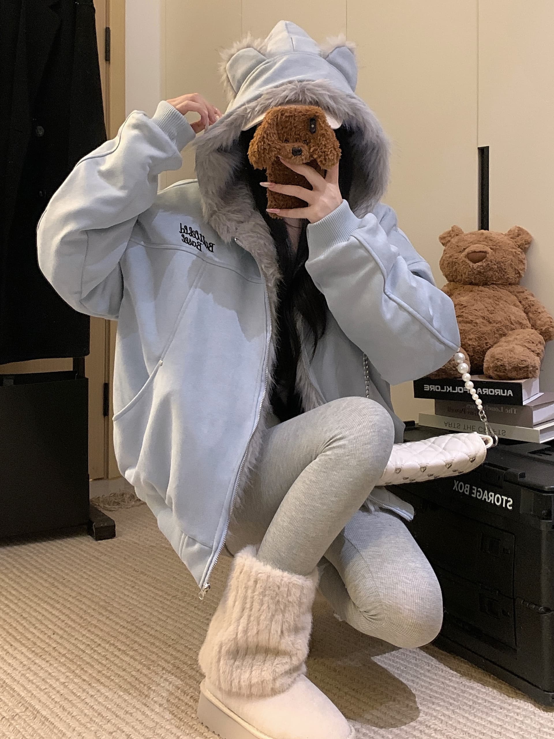 실사 토끼 귀 모피 칼라 좌 산 조각 스웨이드 원단 면 옷 겨울 두꺼운 보온 루즈핏 솜을 넣은 지퍼 재킷 트렌디 상세 이미지 19