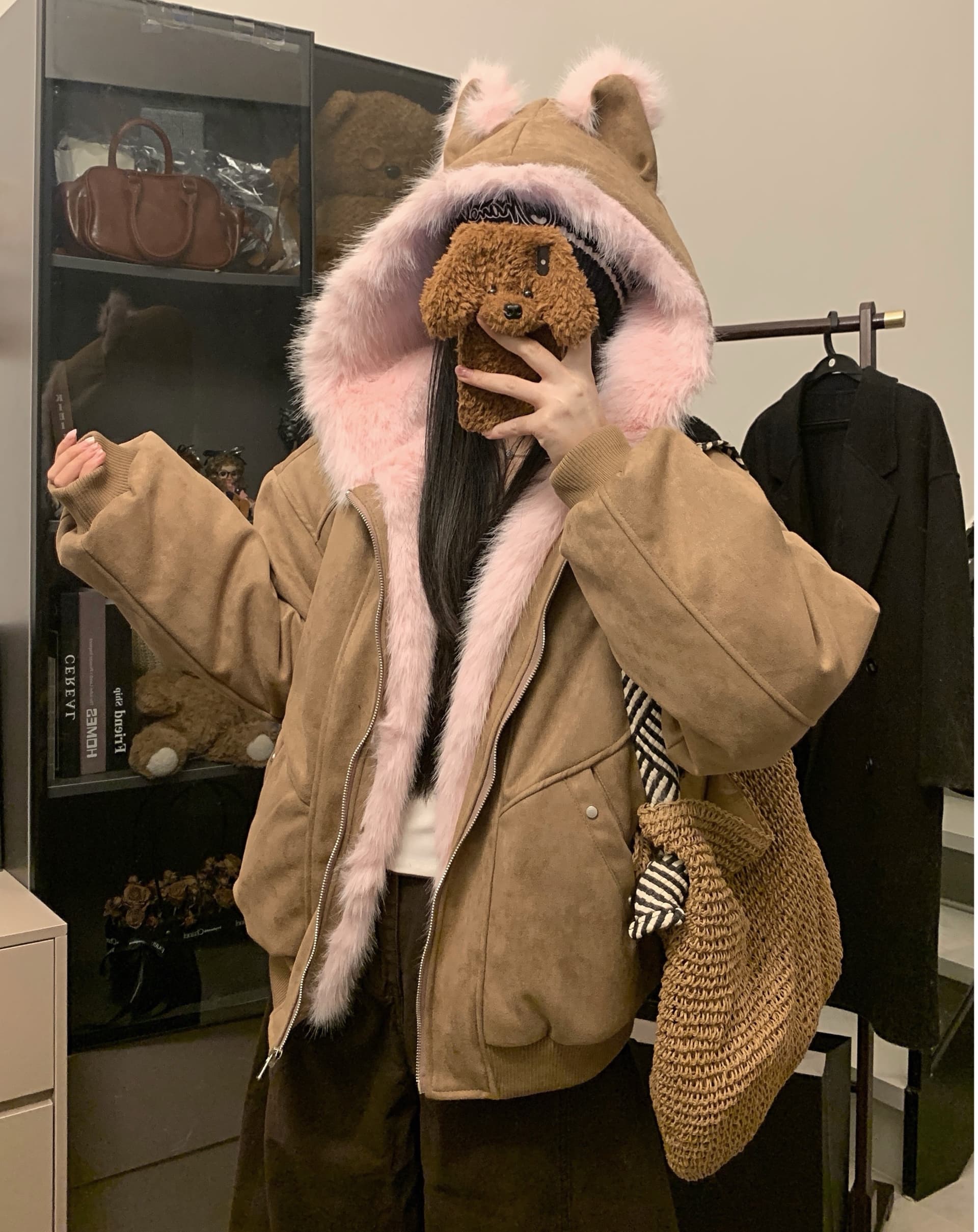 실사 달콤함 고양이 귀 좌 산 조각 모방 스웨이드 모피 칼라 후드 면 옷 겨울 레트로 보온 솜을 넣은 재킷 트렌디 이미지 4