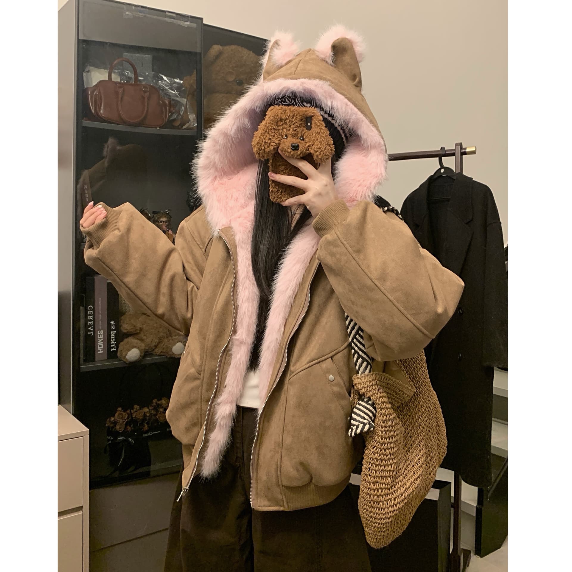 실사 달콤함 고양이 귀 좌 산 조각 모방 스웨이드 모피 칼라 후드 면 옷 겨울 레트로 보온 솜을 넣은 재킷 트렌디 상세 이미지 25