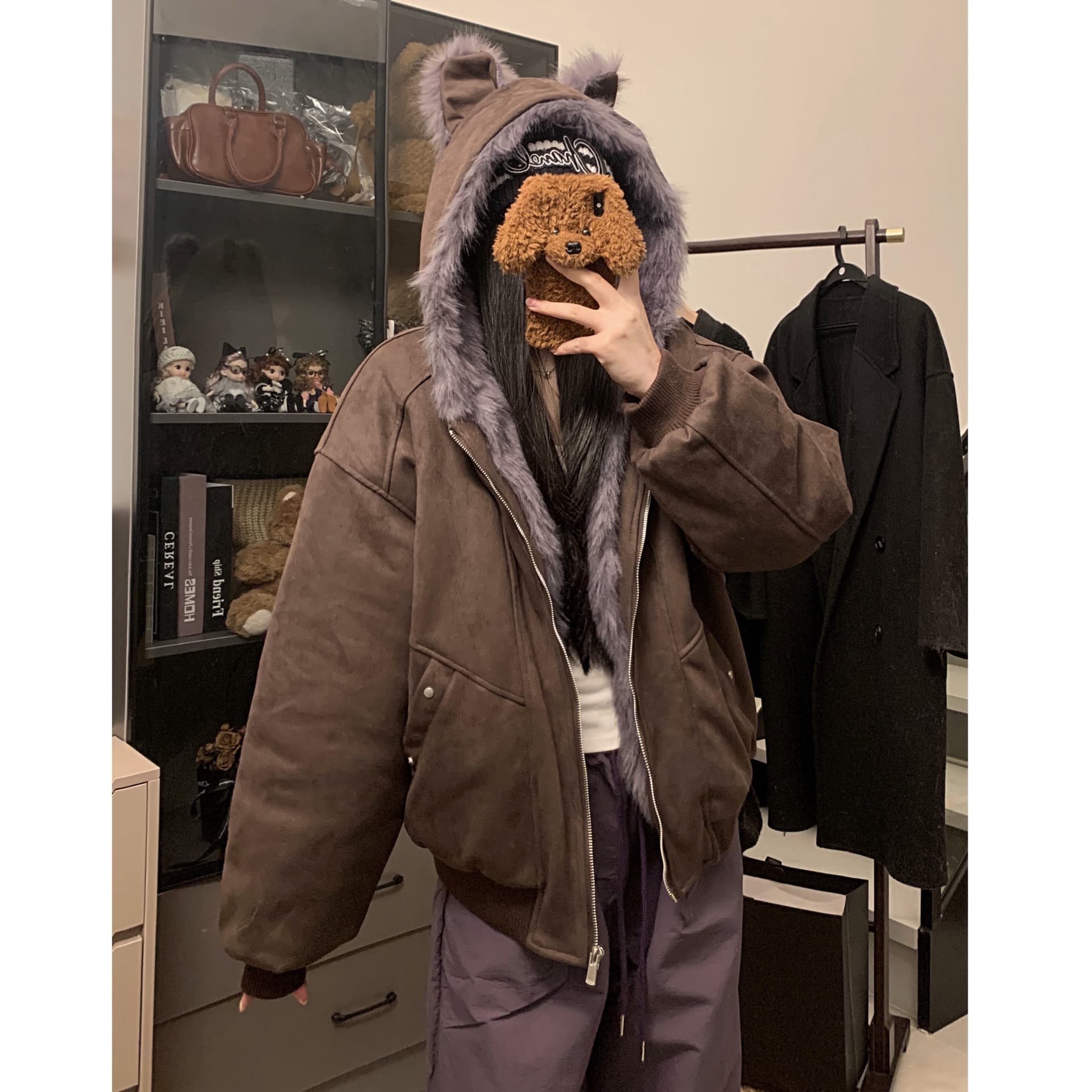 실사 새끼 고양이 귀 플리스 솜을 넣은 모방 스웨이드 재킷 가을 겨울 두꺼운 보온 좌 산 조각 루즈핏 캐주얼 면 옷 이미지 3