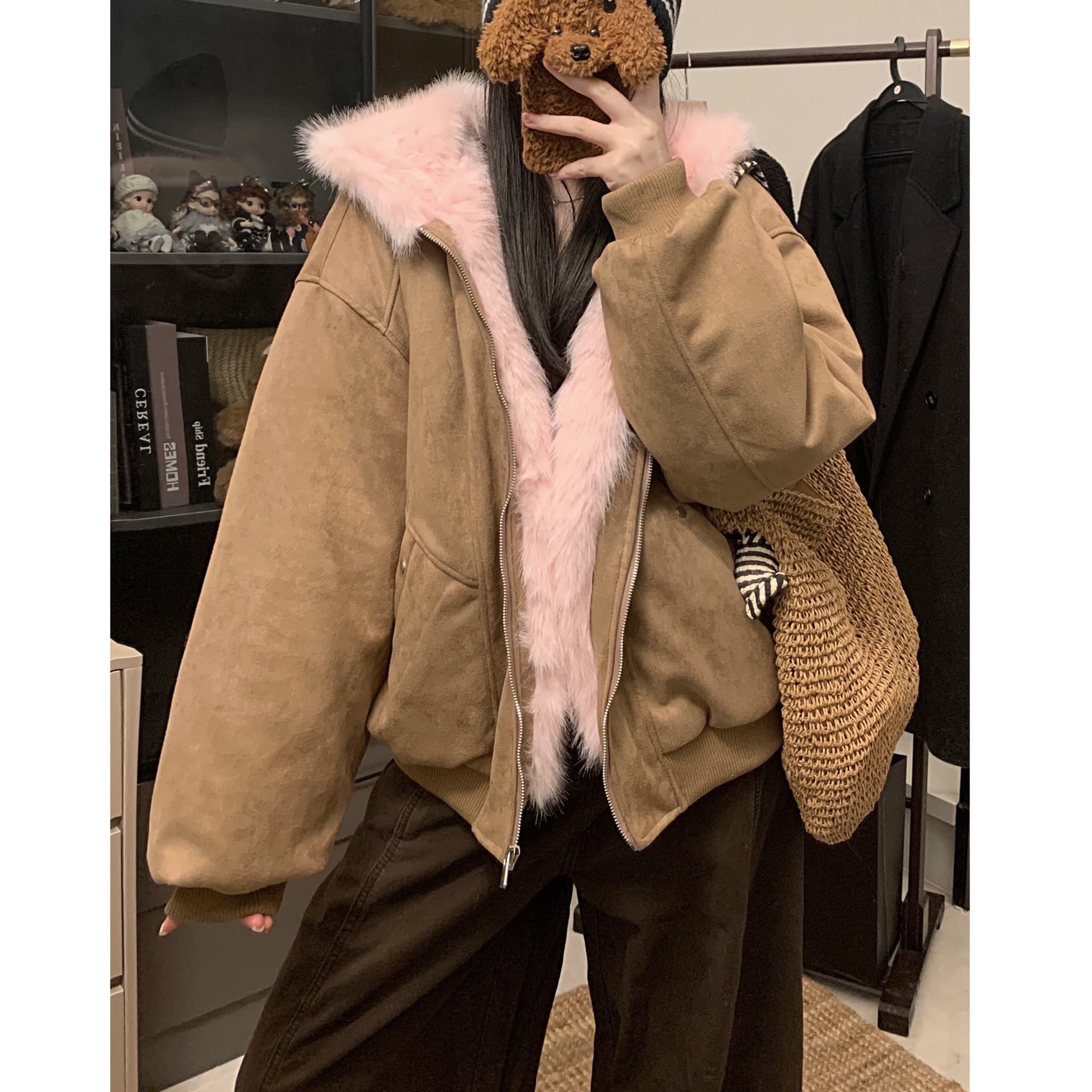 실사 새끼 고양이 귀 플리스 솜을 넣은 모방 스웨이드 재킷 가을 겨울 두꺼운 보온 좌 산 조각 루즈핏 캐주얼 면 옷 상세 이미지 2