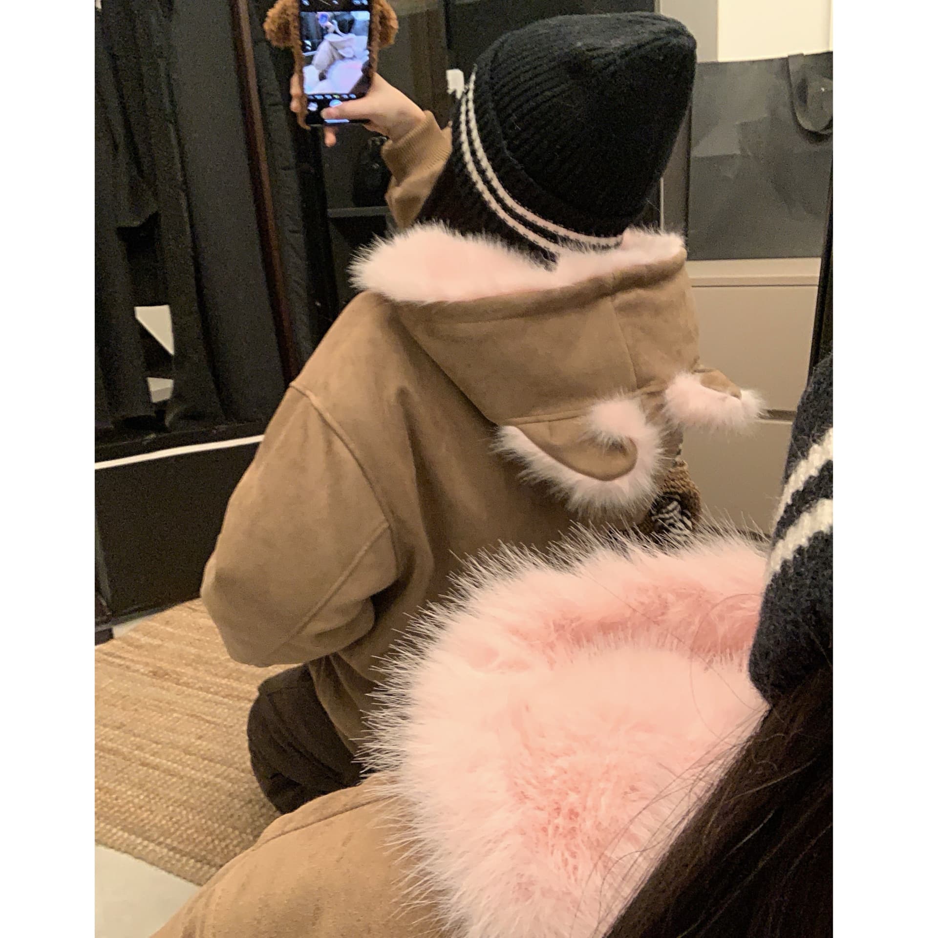 실사 새끼 고양이 귀 플리스 솜을 넣은 모방 스웨이드 재킷 가을 겨울 두꺼운 보온 좌 산 조각 루즈핏 캐주얼 면 옷 상세 이미지 11
