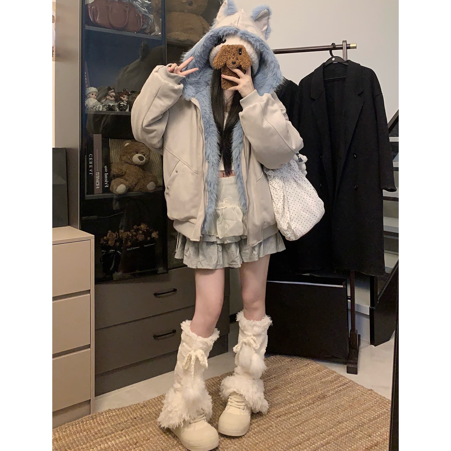 실사 새끼 고양이 귀 플리스 솜을 넣은 모방 스웨이드 재킷 가을 겨울 두꺼운 보온 좌 산 조각 루즈핏 캐주얼 면 옷 상세 이미지 17
