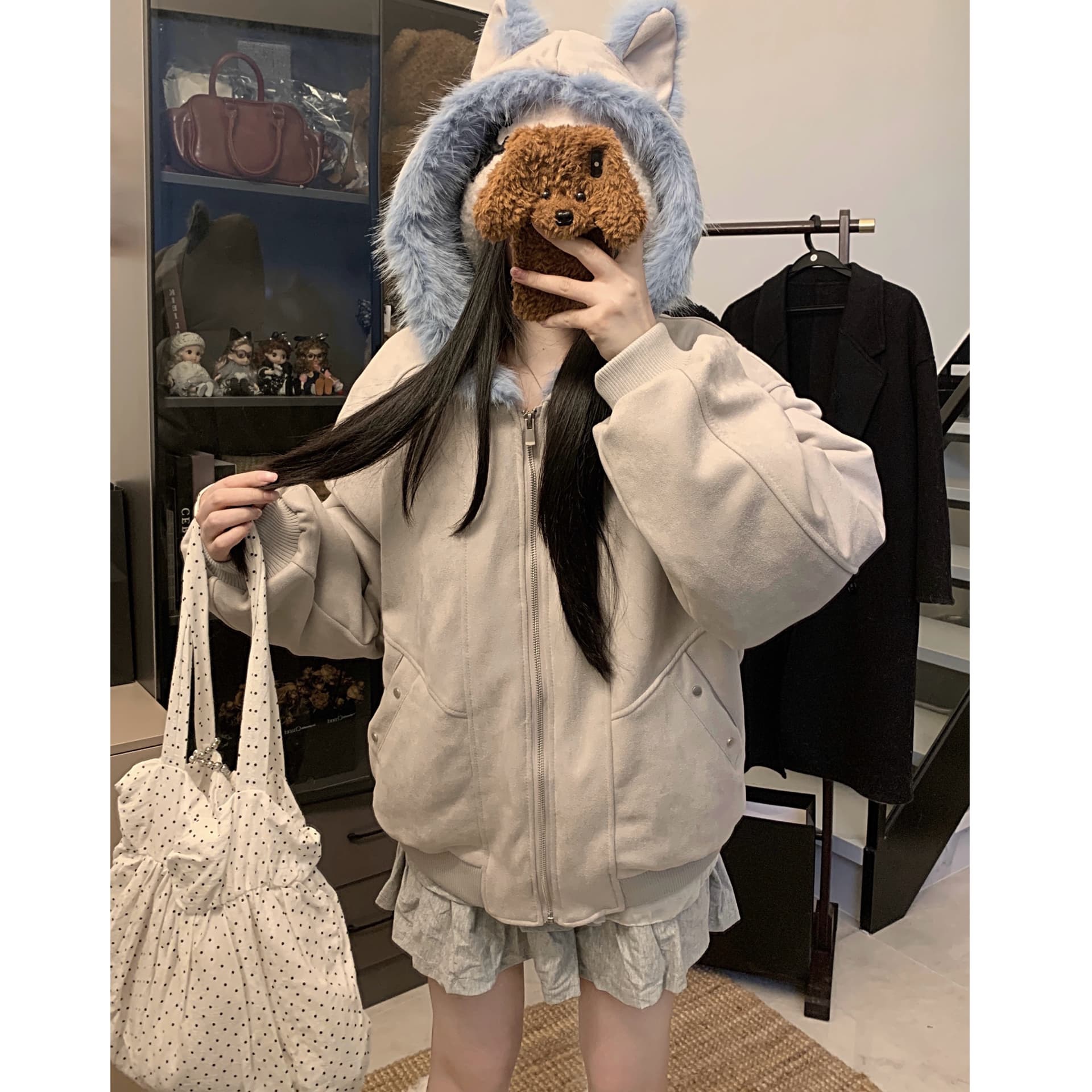 실사 새끼 고양이 귀 플리스 솜을 넣은 모방 스웨이드 재킷 가을 겨울 두꺼운 보온 좌 산 조각 루즈핏 캐주얼 면 옷 상세 이미지 20