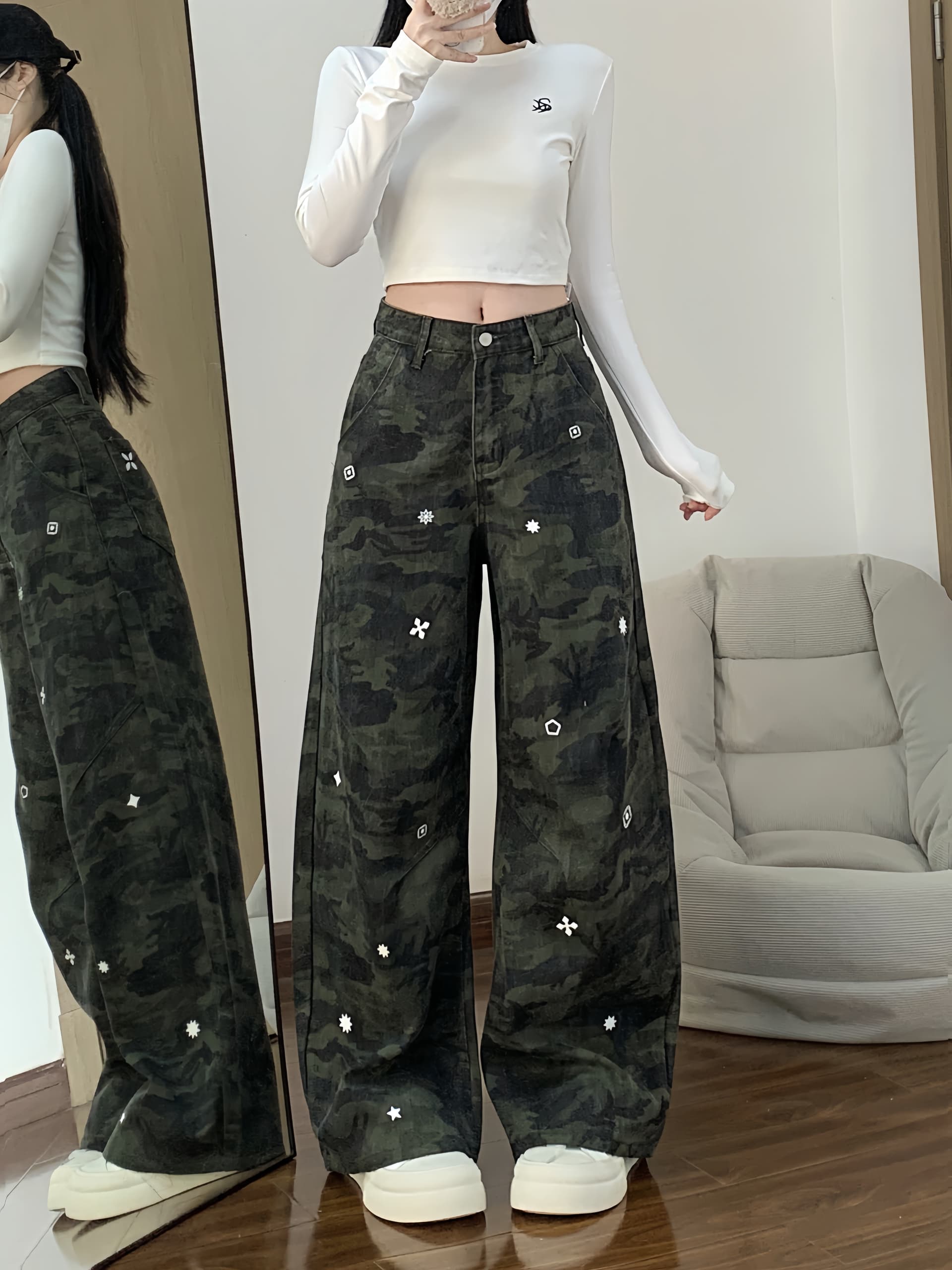 실사 아메리칸 거리 카모플라주 녹색 트렌드 워크웨어 팬츠 봄 드레스 중성 바람 루즈핏 캐주얼 바지 청바지 이미지 3