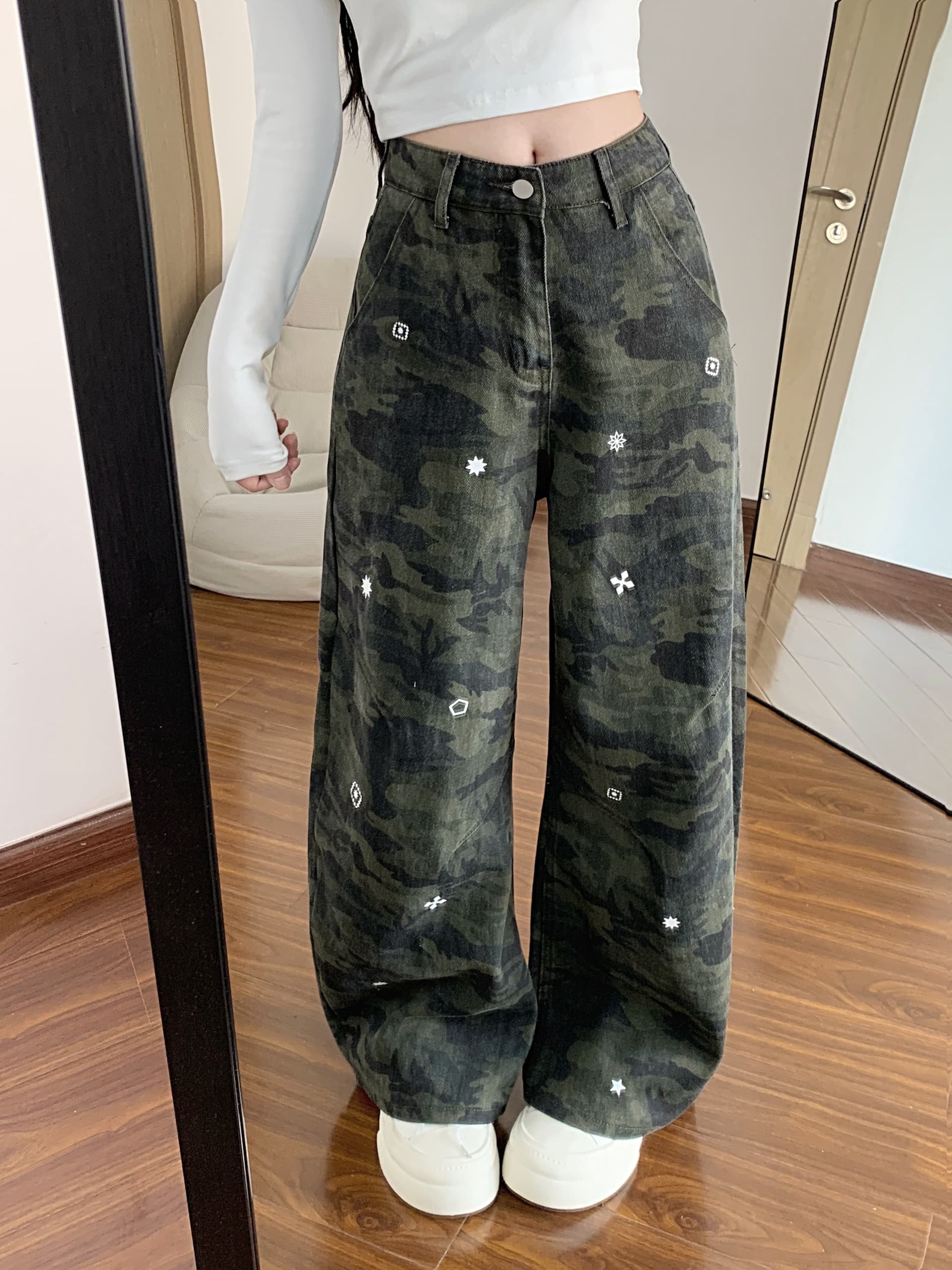 실사 아메리칸 거리 카모플라주 녹색 트렌드 워크웨어 팬츠 봄 드레스 중성 바람 루즈핏 캐주얼 바지 청바지 상세 이미지 3
