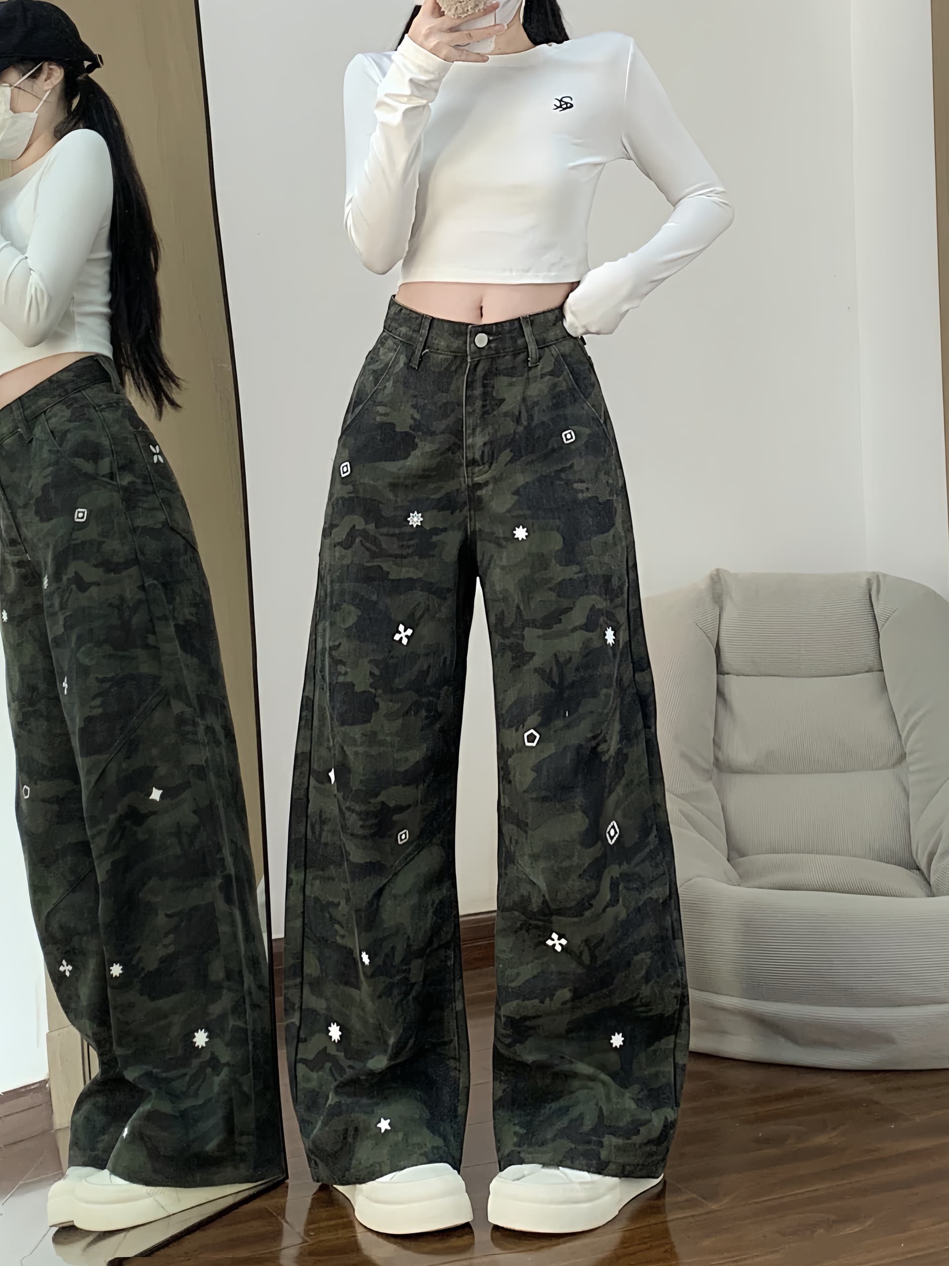 실사 아메리칸 거리 카모플라주 녹색 트렌드 워크웨어 팬츠 봄 드레스 중성 바람 루즈핏 캐주얼 바지 청바지 상세 이미지 4