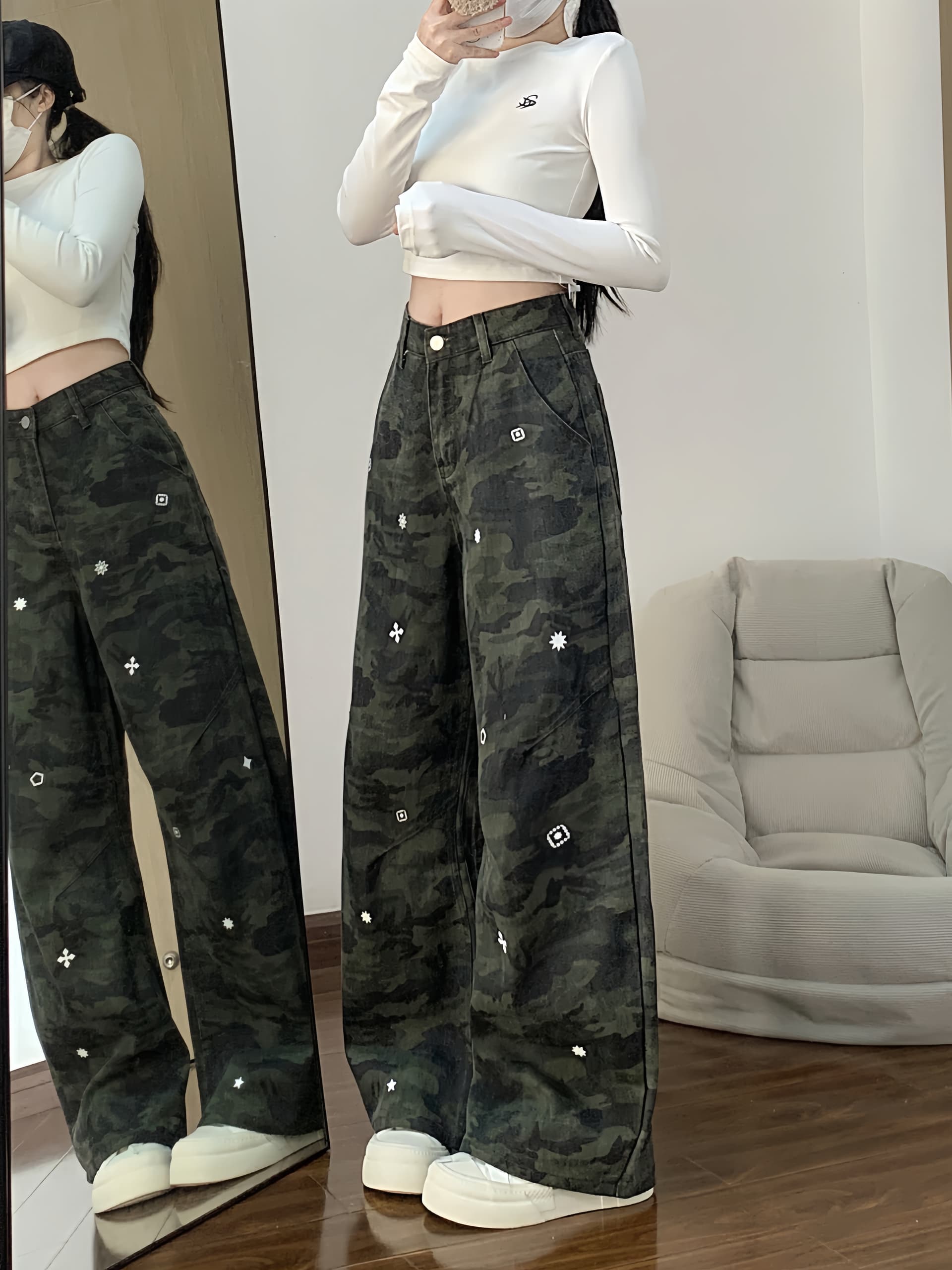 실사 아메리칸 거리 카모플라주 녹색 트렌드 워크웨어 팬츠 봄 드레스 중성 바람 루즈핏 캐주얼 바지 청바지 상세 이미지 7