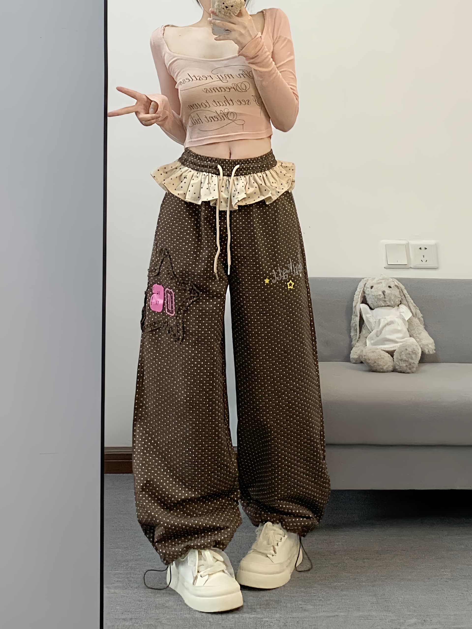 실사 이문화 전체 인쇄 도트 무늬 별 패치 디자인 센스 레이스 패치워크 디자인 센스 루즈핏 바닥 청소 캐주얼 바지 상세 이미지 19