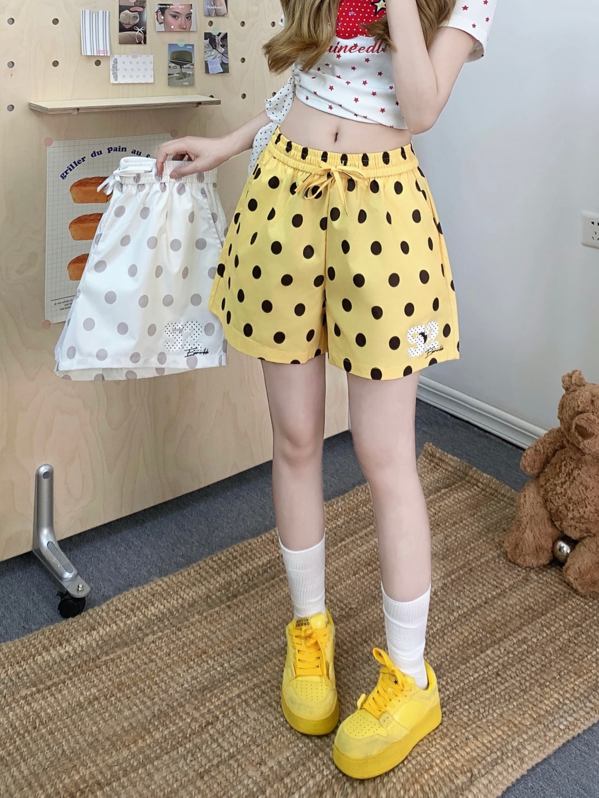 실사 여름 도파민 도트 무늬 전체 인쇄 허리밴드 스트레이트 3 점 바지 여성 레저 해변 다용도 반바지 상세 이미지 3