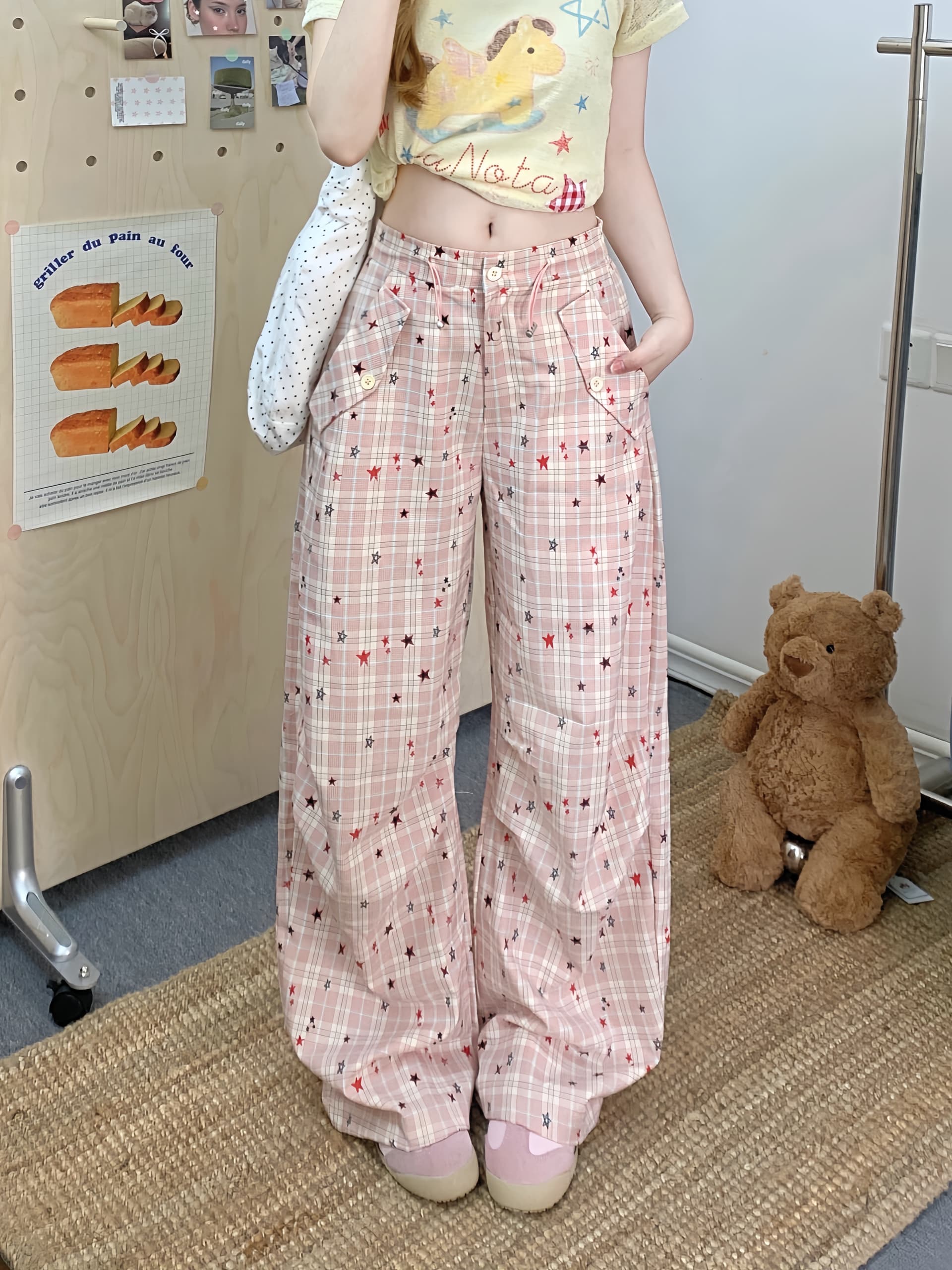 실사 별 체크무늬 핑크색 낙하산 병 바지 여성 한 부서 빛 아시아 인 바람 주름 와이드 레그 팬츠 도루 센스 캐주얼 바지 이미지 2