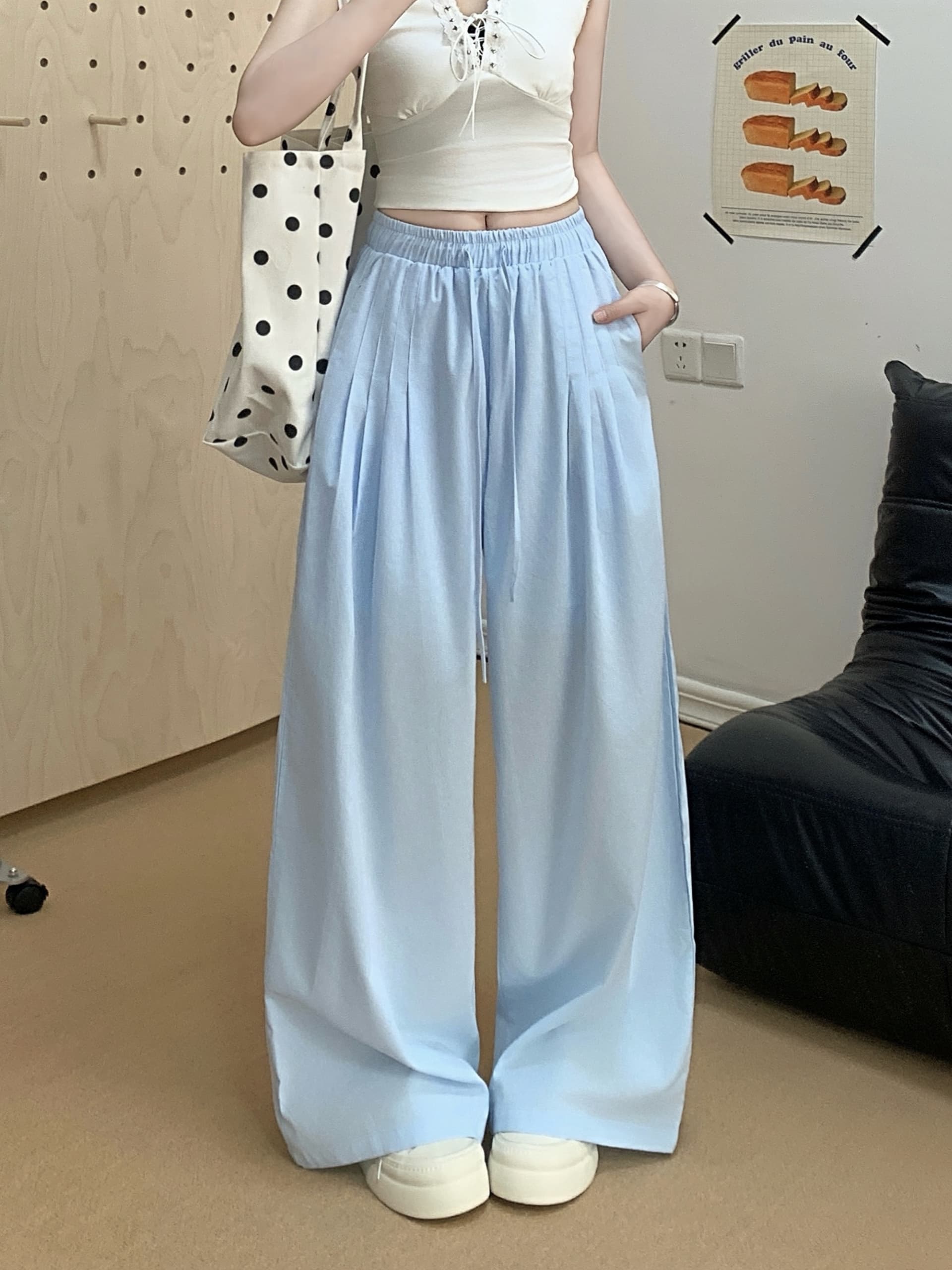 실사 여름 에어로빅 호흡 센스 익스트림 제인 면 린넨 전체 밴딩 핀치 Pleat 라미 바지 와이드 레그 팬츠 바지 이미지 3