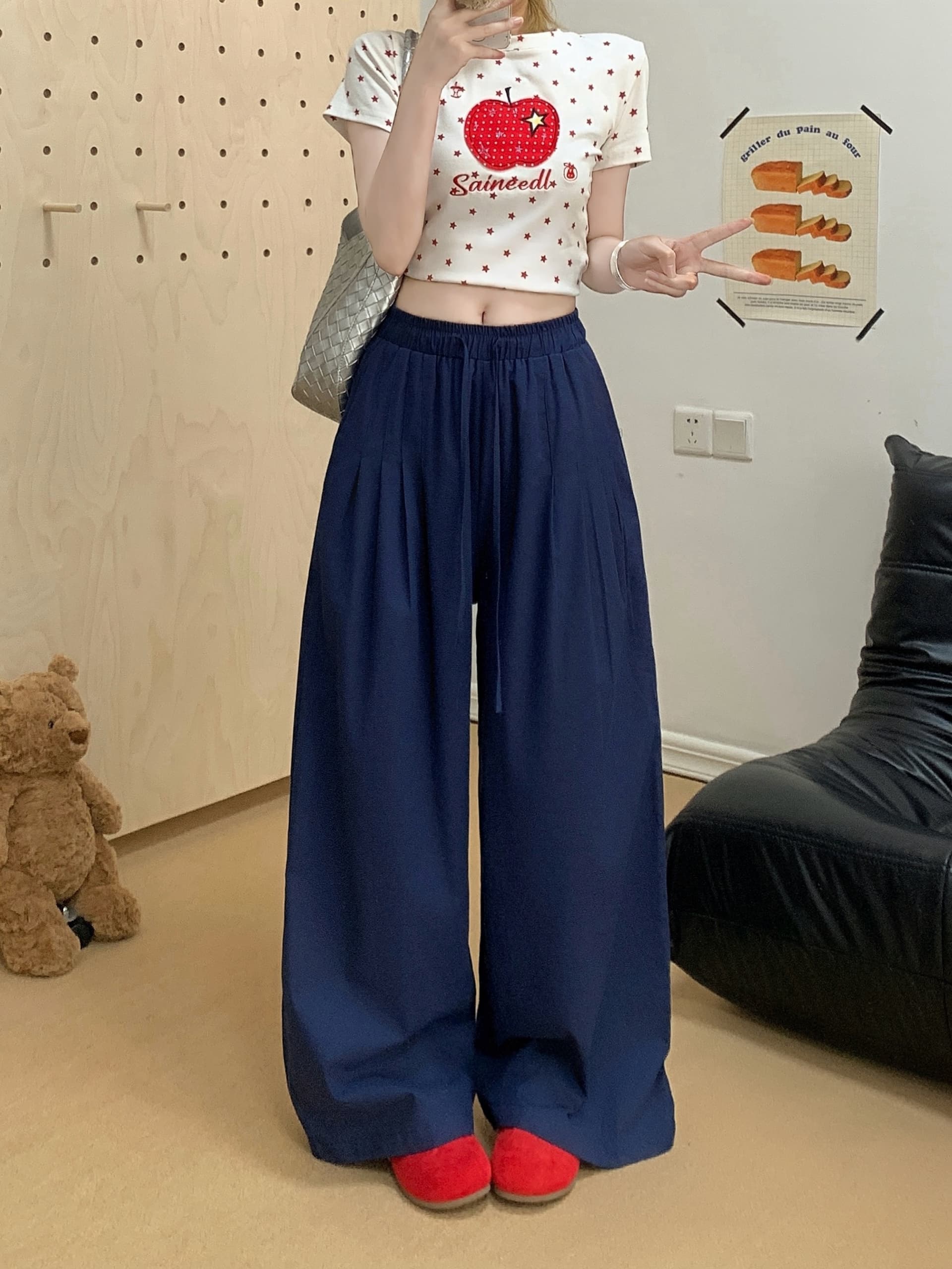 실사 여름 에어로빅 호흡 센스 익스트림 제인 면 린넨 전체 밴딩 핀치 Pleat 라미 바지 와이드 레그 팬츠 바지 이미지 4