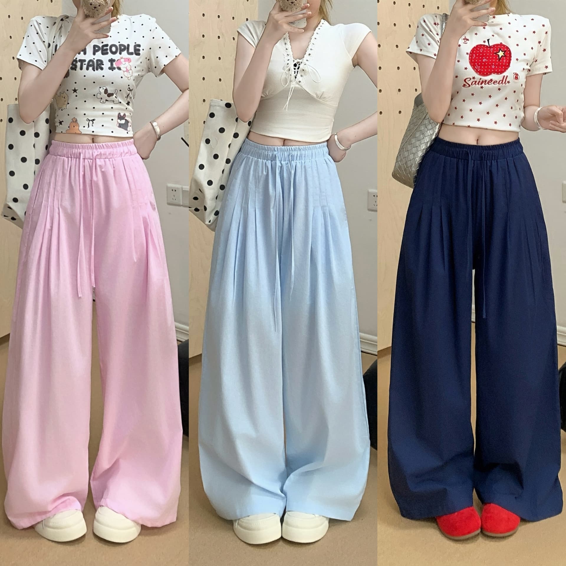 실사 여름 에어로빅 호흡 센스 익스트림 제인 면 린넨 전체 밴딩 핀치 Pleat 라미 바지 와이드 레그 팬츠 바지 상세 이미지 1