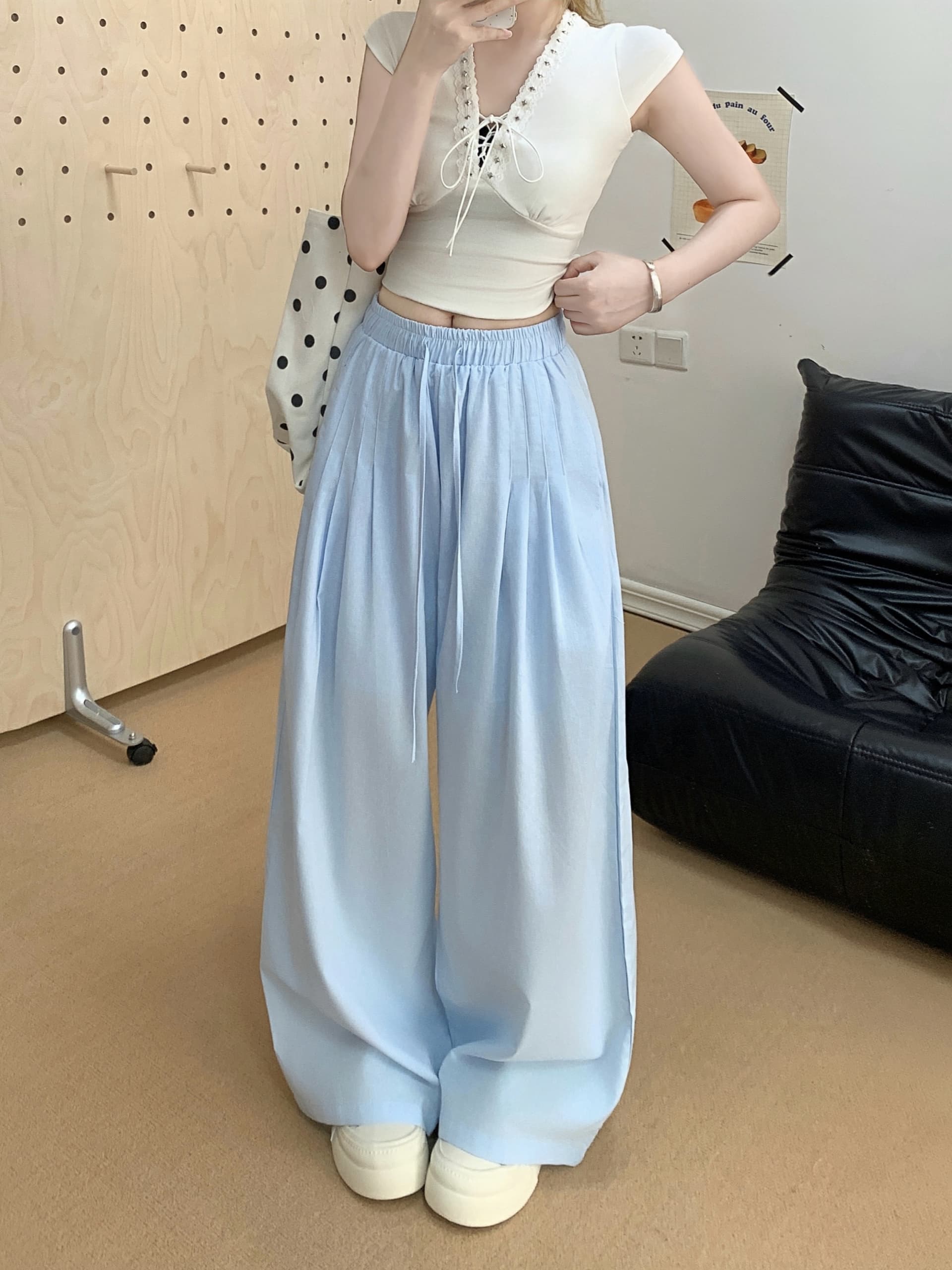 실사 여름 에어로빅 호흡 센스 익스트림 제인 면 린넨 전체 밴딩 핀치 Pleat 라미 바지 와이드 레그 팬츠 바지 상세 이미지 9