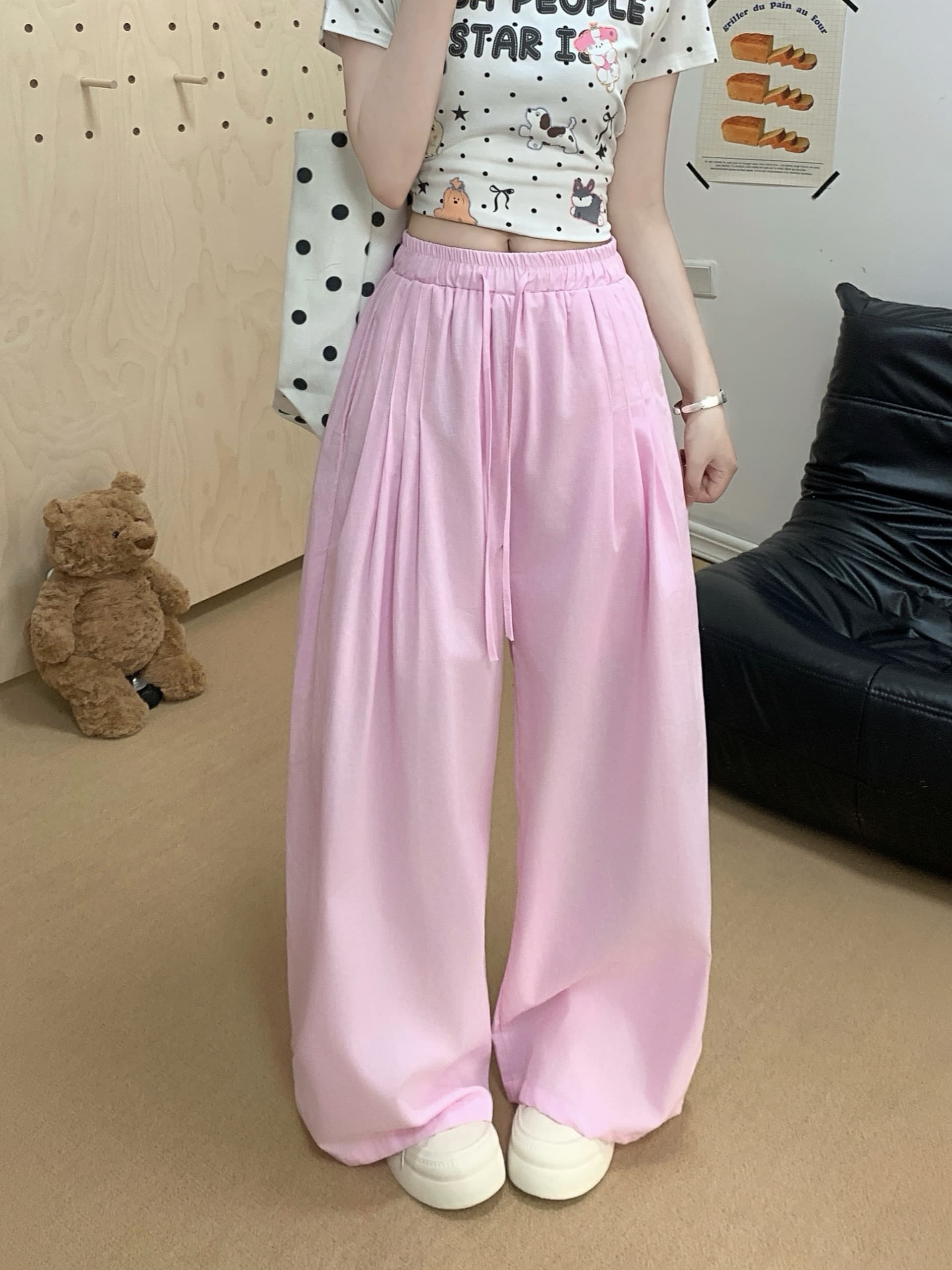 실사 여름 에어로빅 호흡 센스 익스트림 제인 면 린넨 전체 밴딩 핀치 Pleat 라미 바지 와이드 레그 팬츠 바지 상세 이미지 23