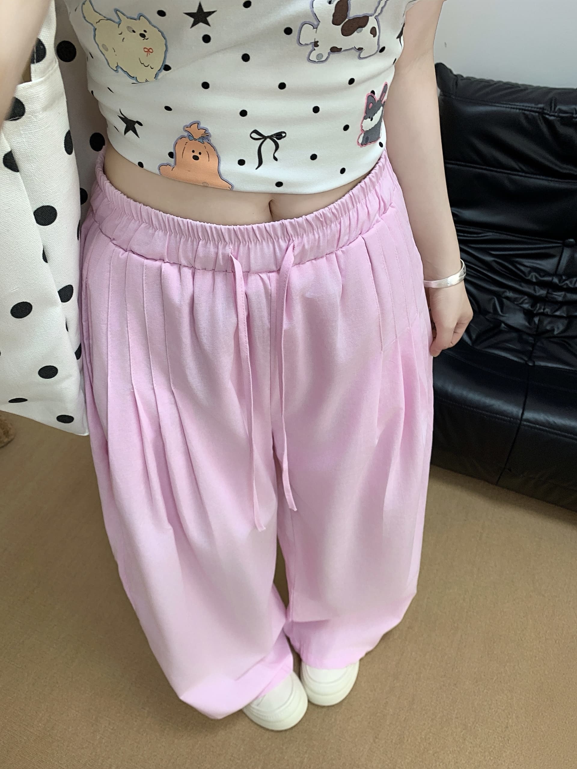 실사 여름 에어로빅 호흡 센스 익스트림 제인 면 린넨 전체 밴딩 핀치 Pleat 라미 바지 와이드 레그 팬츠 바지 상세 이미지 24