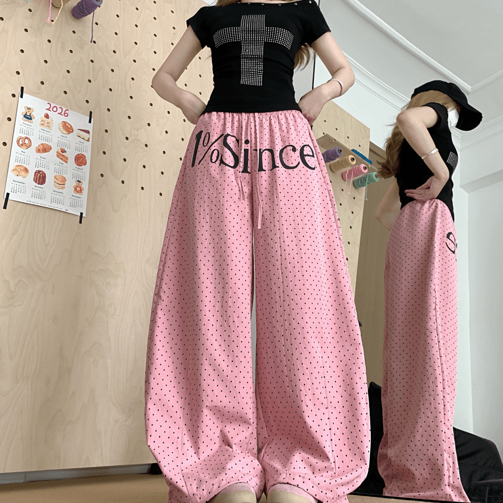 실사 아메리칸 레트로 도트 무늬 알파벳 프린트 넓은 다리 모통이 칼 바지 남녀 루즈핏 다용도 캐주얼 바지 이미지 5