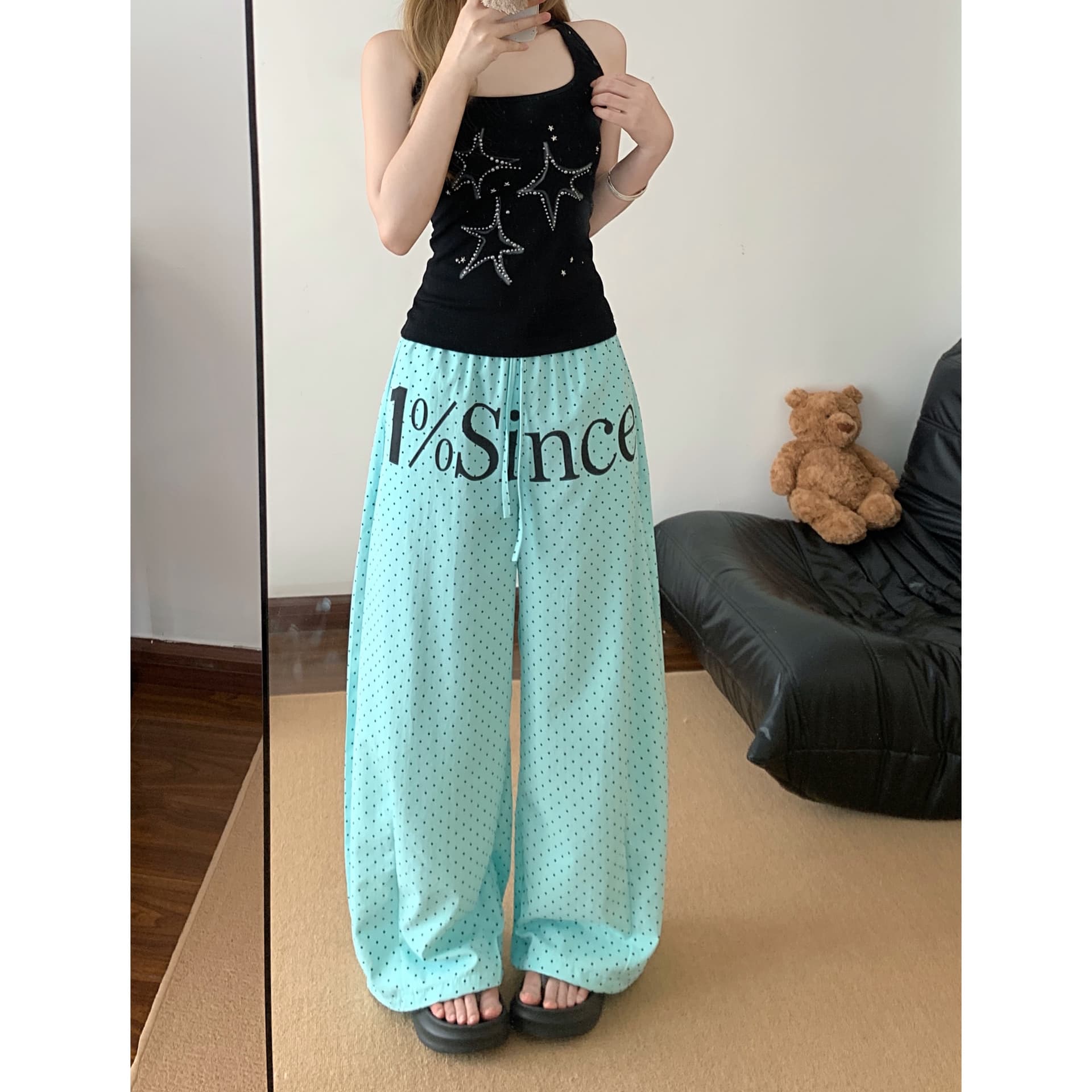 실사 아메리칸 레트로 도트 무늬 알파벳 프린트 넓은 다리 모통이 칼 바지 남녀 루즈핏 다용도 캐주얼 바지 상세 이미지 9