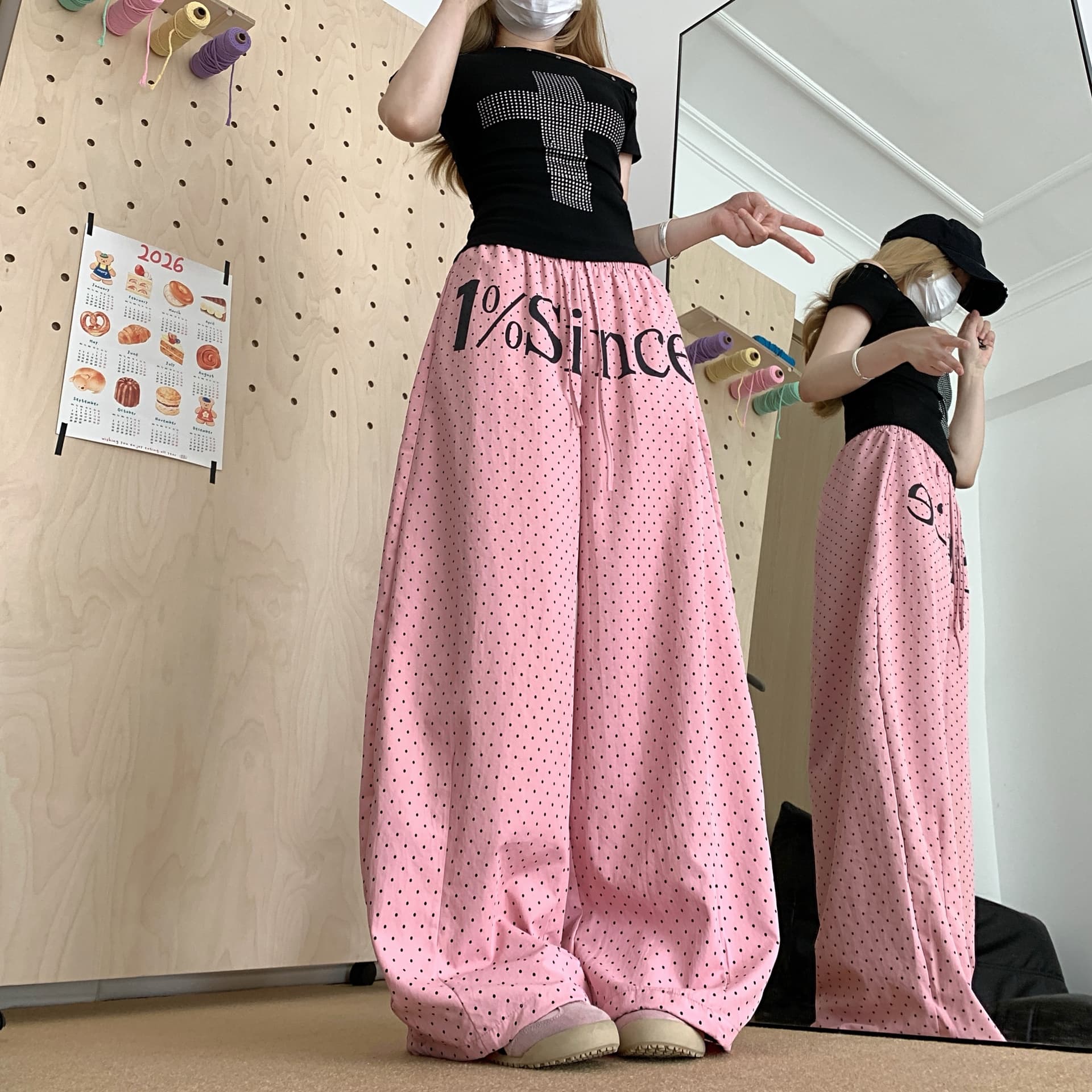 실사 아메리칸 레트로 도트 무늬 알파벳 프린트 넓은 다리 모통이 칼 바지 남녀 루즈핏 다용도 캐주얼 바지 상세 이미지 15