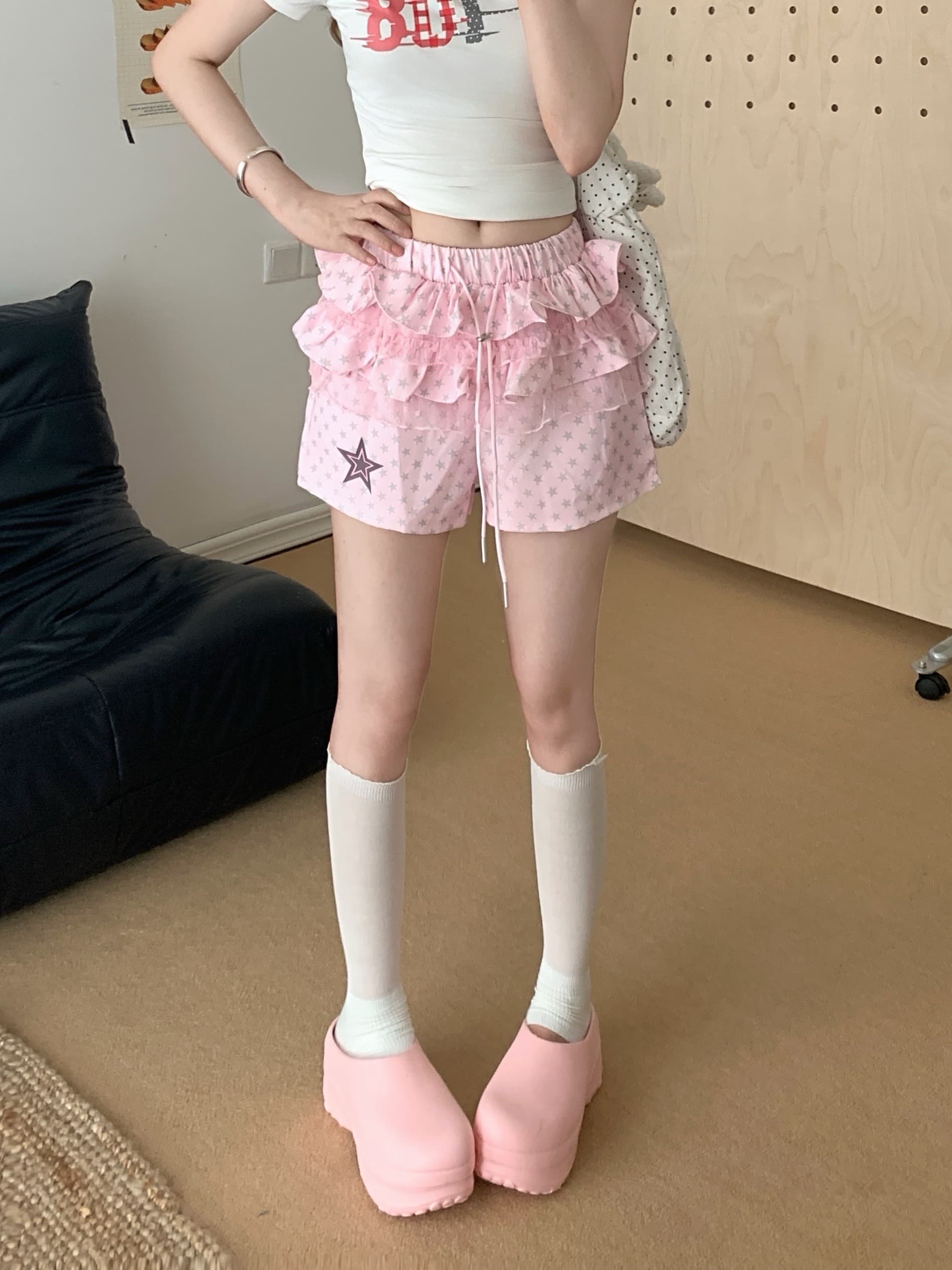 실사 여름 아시아 인 멩 별 도트 무늬 케이크 기타 색상 치마바지 여성 다용도 반바지 여름 새로운 이미지 3