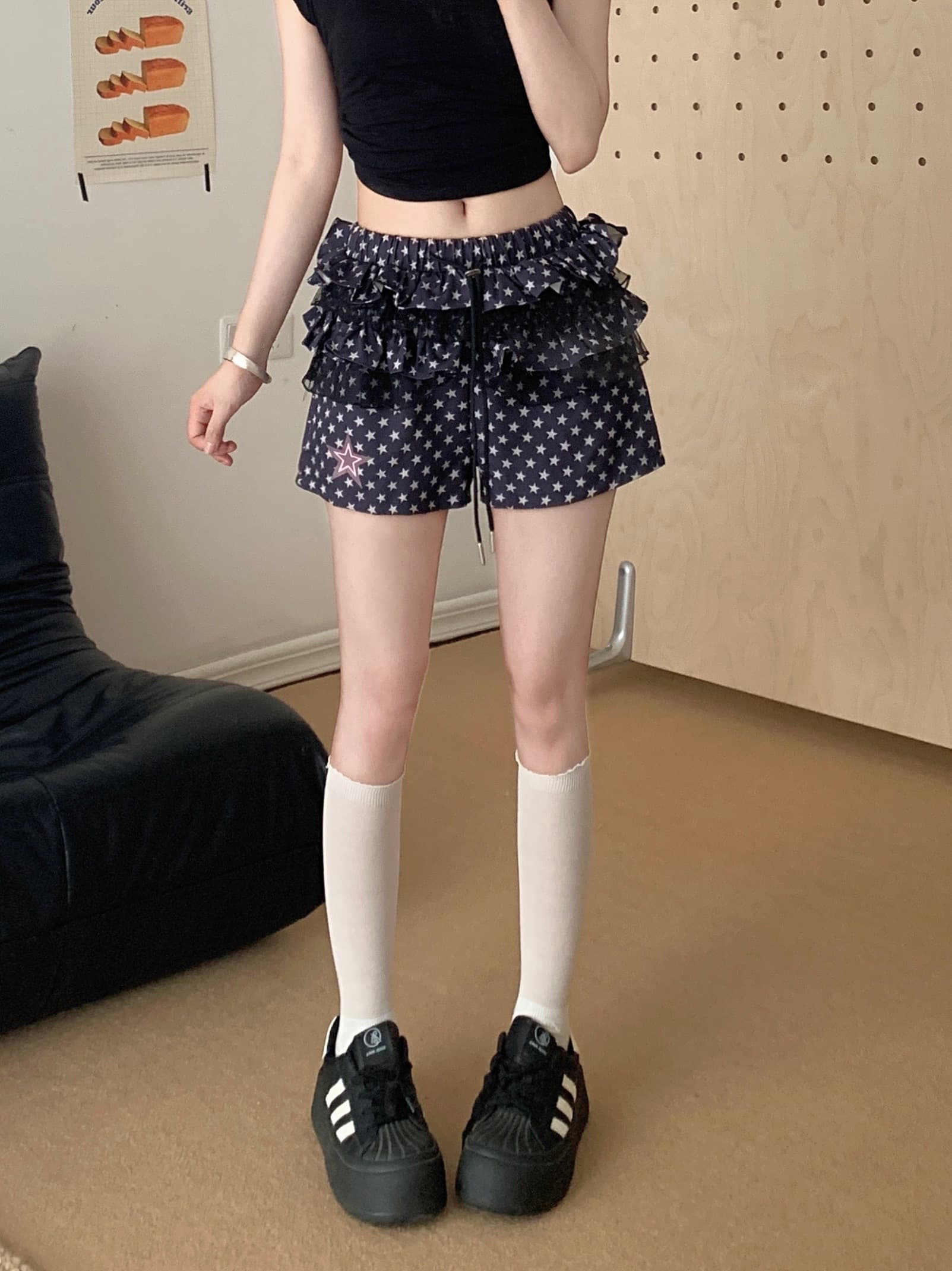 실사 여름 아시아 인 멩 별 도트 무늬 케이크 기타 색상 치마바지 여성 다용도 반바지 여름 새로운 이미지 4