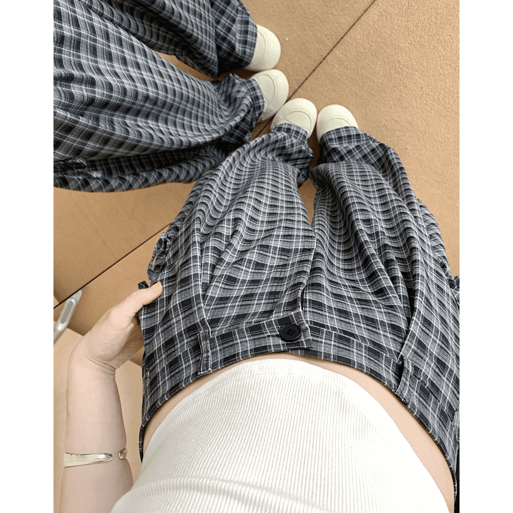 실사 아메리칸 레트로 클래식 흑인과 백인 체크무늬 긴 바지 여성 봄 허리밴드 느긋한 루즈핏 캐주얼 바지 이미지 5