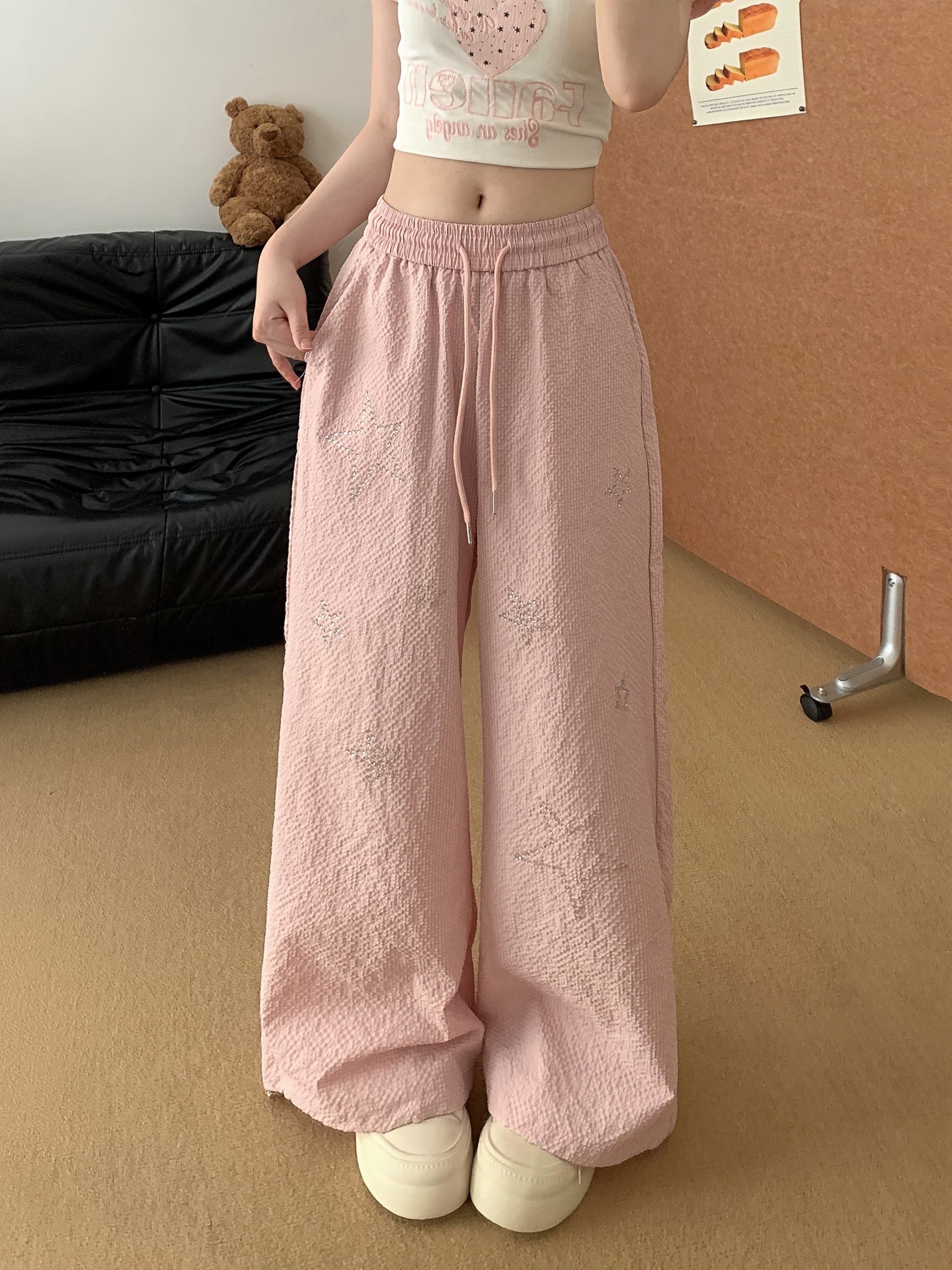 실사 달콤함 한 부서 캐주얼 바지 여성 착용 가져 가라. 도파민 느긋한 루즈핏 얇은 스타일 와이드 레그 팬츠 어린이 이미지 4
