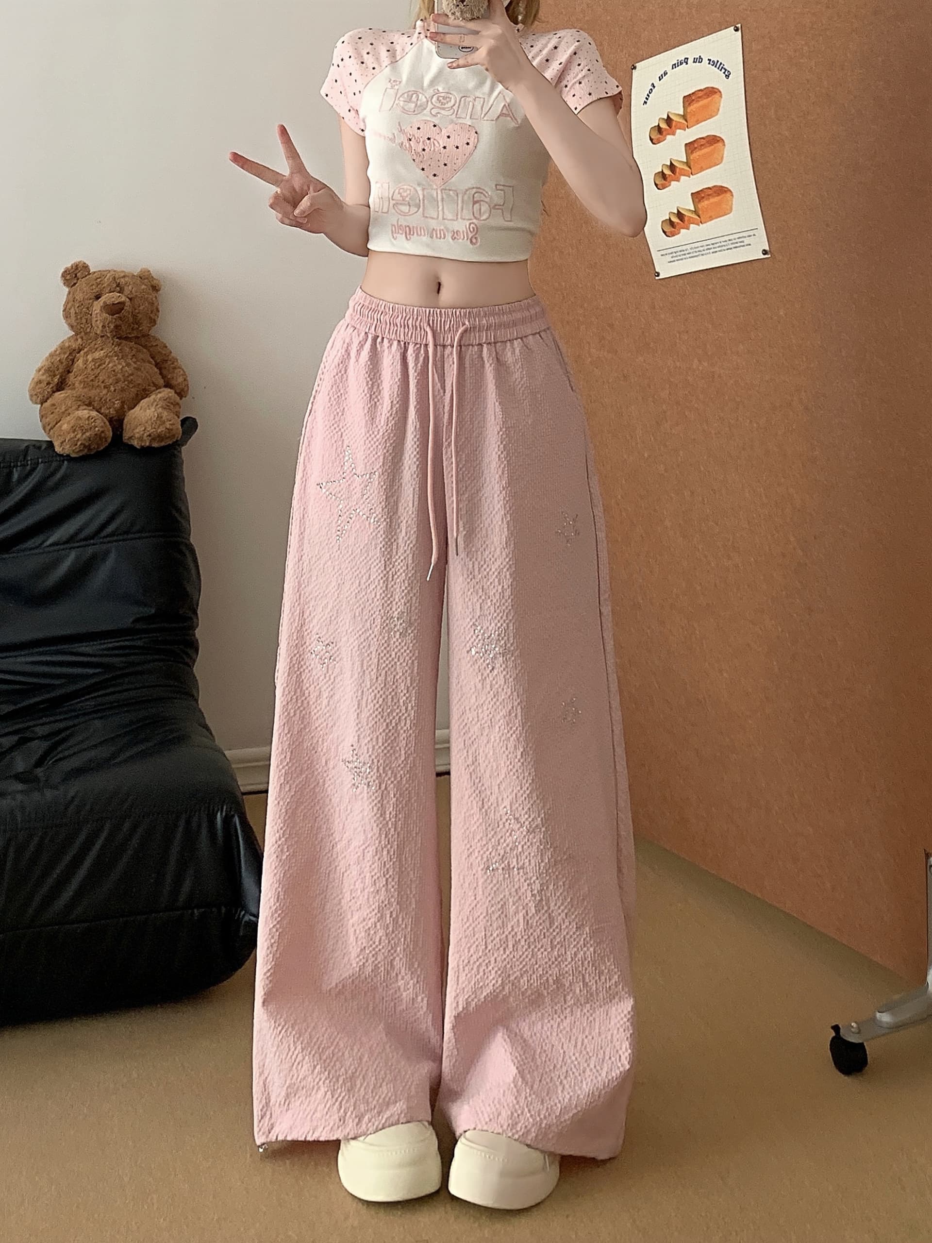 실사 달콤함 한 부서 캐주얼 바지 여성 착용 가져 가라. 도파민 느긋한 루즈핏 얇은 스타일 와이드 레그 팬츠 어린이 상세 이미지 5