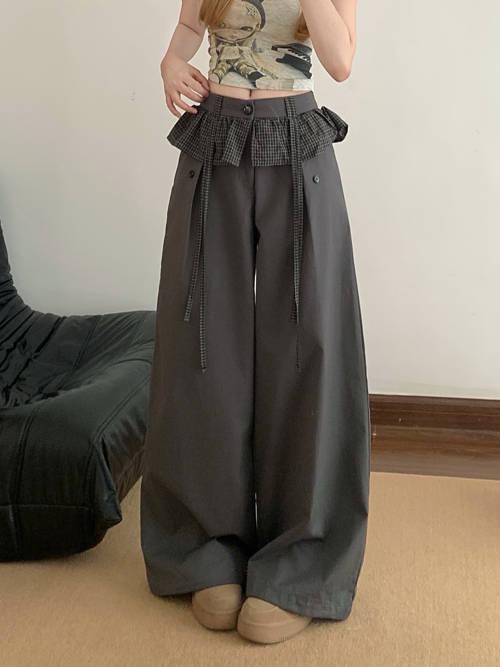 실사 레트로 아메리칸 체크무늬 프릴 밴딩 펌프 로프 캐주얼 바지 여성 여름 작은 대중 디자인 센스 긴 바지 상세 이미지 11