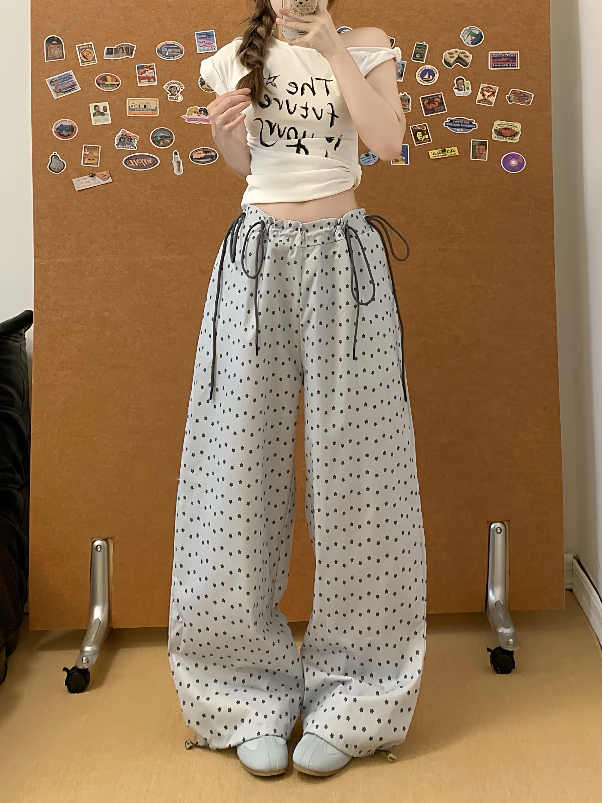 실사 여유롭게 휴가 시리즈 회색 작은 꽃 도트 무늬 여름 새로운 펌프 Pleat 루즈핏 프린트 캐주얼 와이드 레그 팬츠 이미지 4