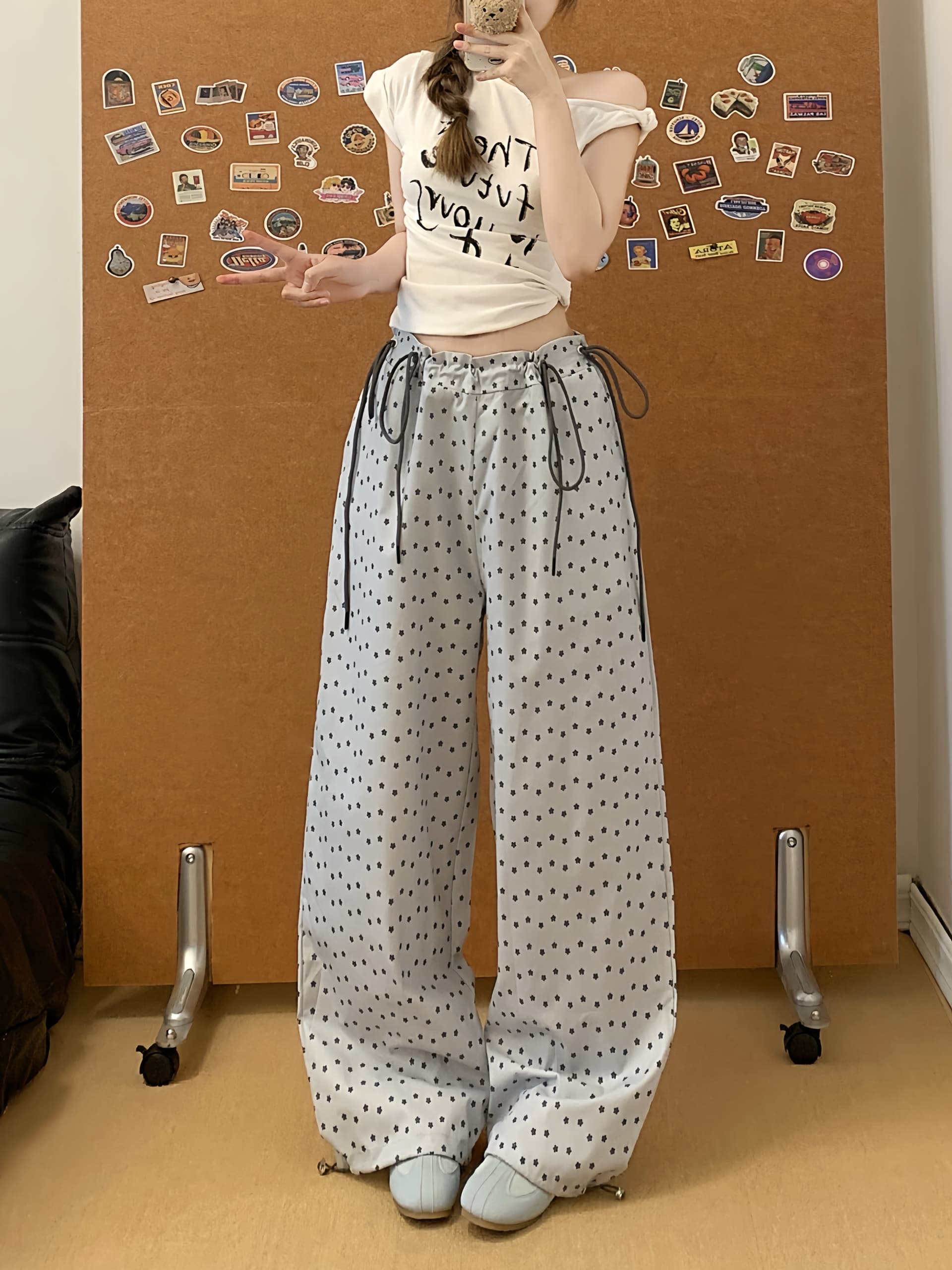 실사 여유롭게 휴가 시리즈 회색 작은 꽃 도트 무늬 여름 새로운 펌프 Pleat 루즈핏 프린트 캐주얼 와이드 레그 팬츠 상세 이미지 6