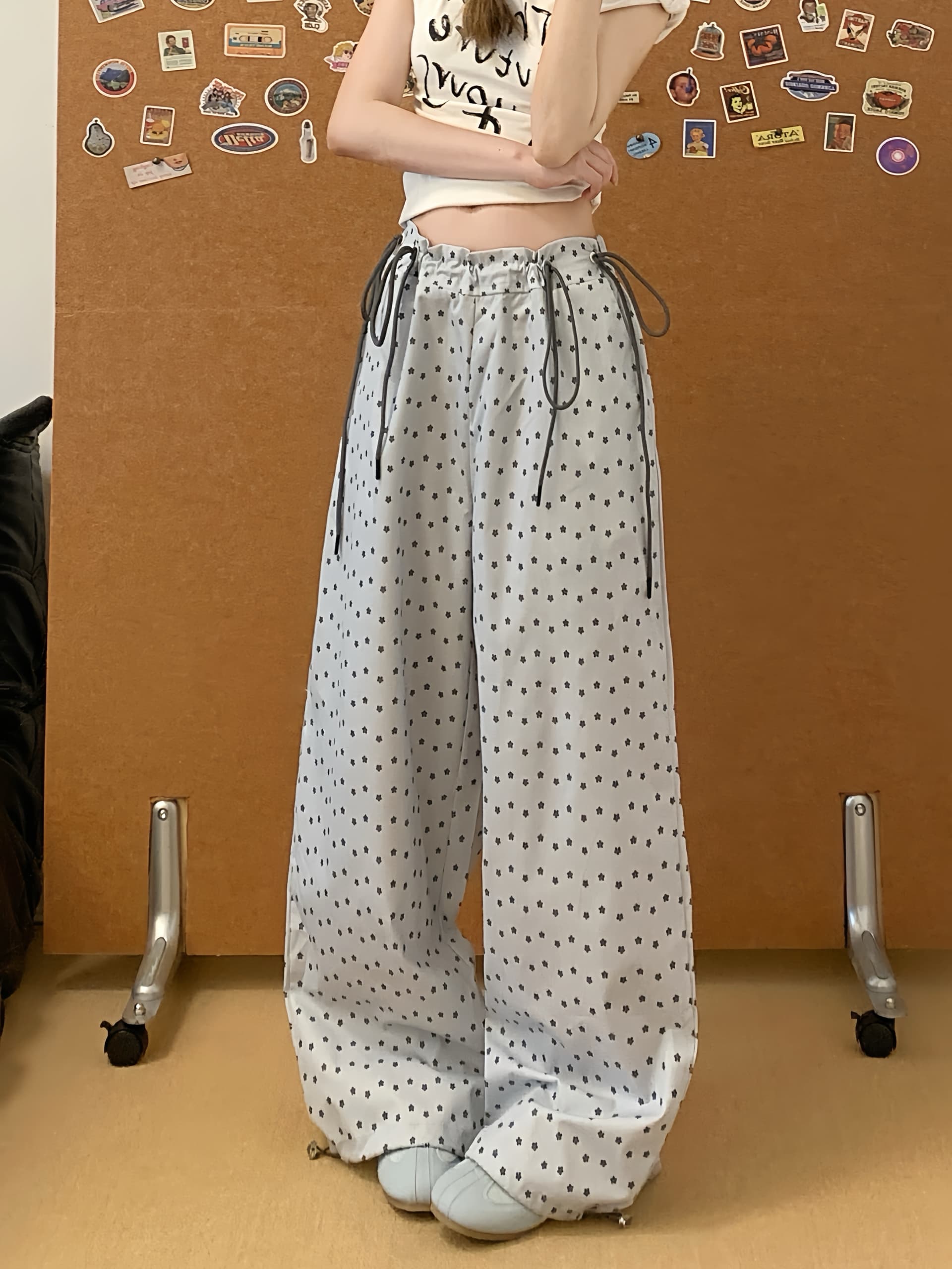 실사 여유롭게 휴가 시리즈 회색 작은 꽃 도트 무늬 여름 새로운 펌프 Pleat 루즈핏 프린트 캐주얼 와이드 레그 팬츠 상세 이미지 7