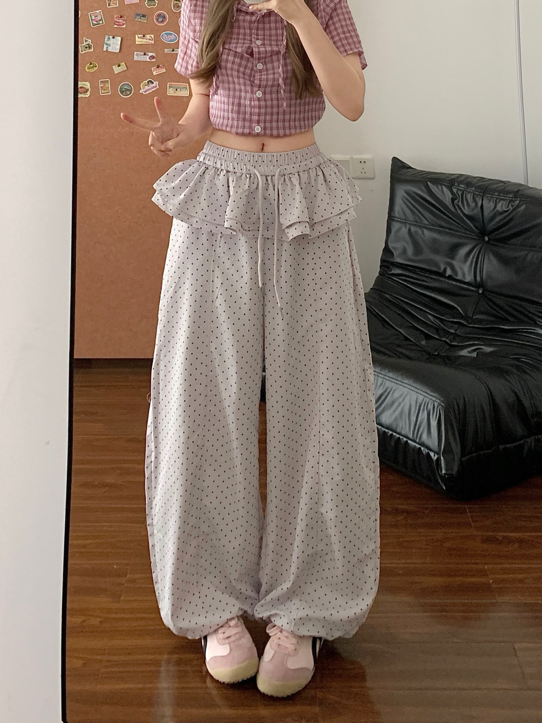 실사 레트로 한 부서 전체 인쇄 도트 무늬 페이크 레이어드 스택 착용 프릴 루즈핏 넓은 다리 스트레이트 캐주얼 긴 바지 여성 이미지 2