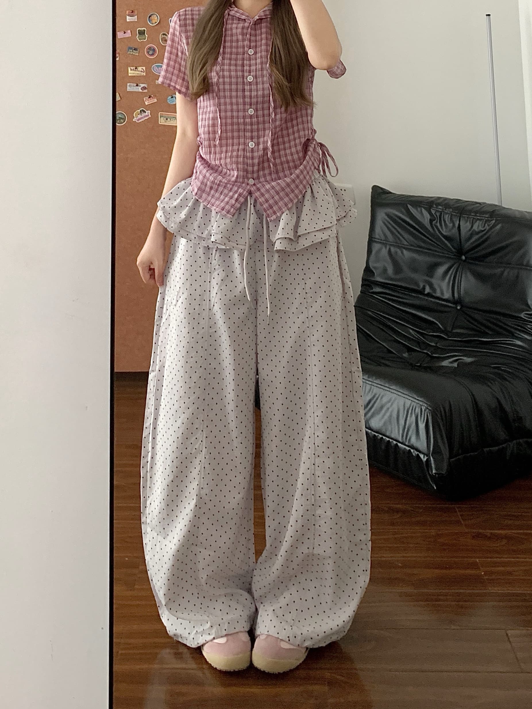 실사 레트로 한 부서 전체 인쇄 도트 무늬 페이크 레이어드 스택 착용 프릴 루즈핏 넓은 다리 스트레이트 캐주얼 긴 바지 여성 상세 이미지 12