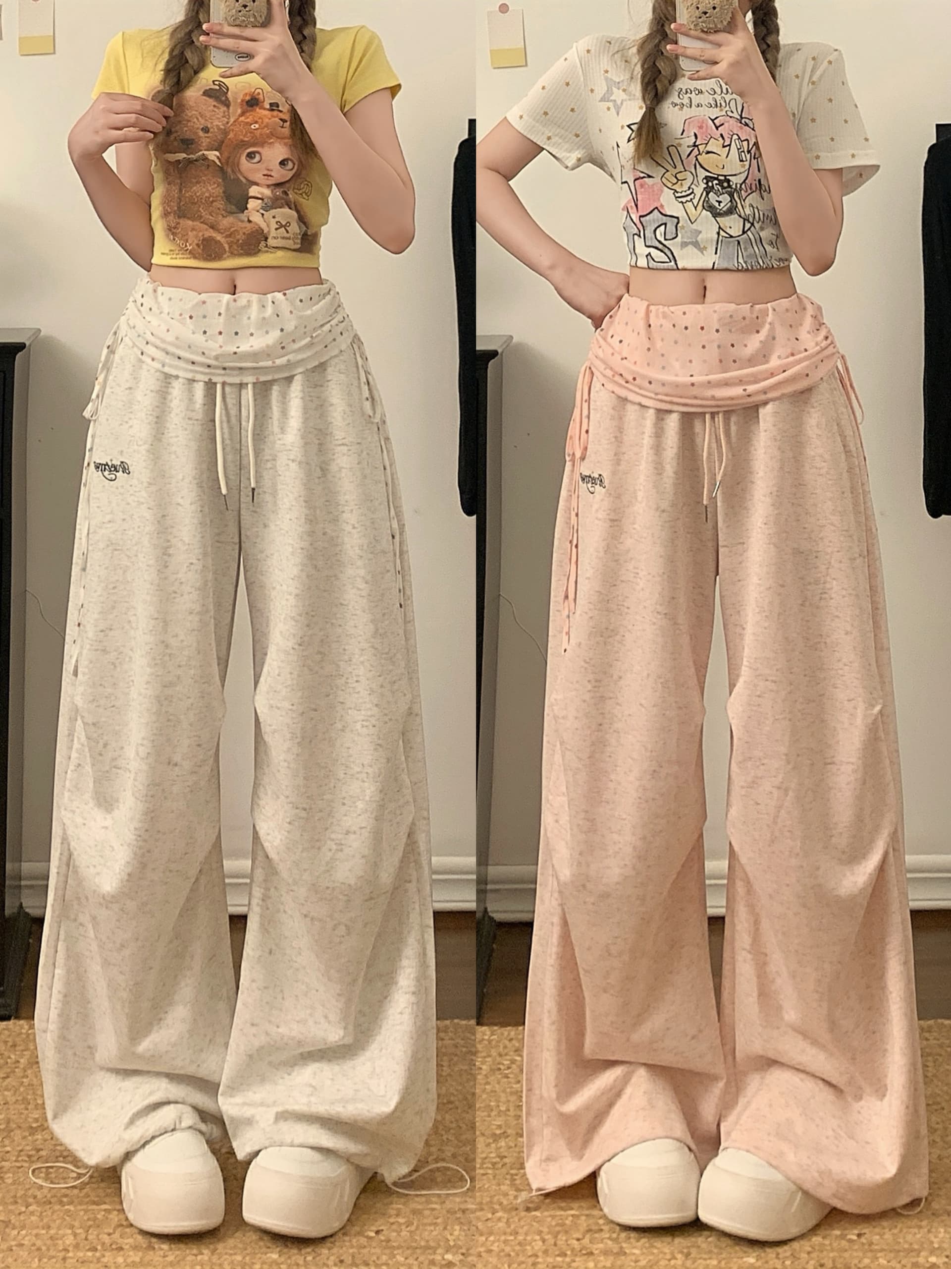 실사 아메리칸 패치워크 별 뒤집다 허리 운동 웨이 바지 여성 루즈핏 주름 재즈 댄스 넓은 다리 스트레이트 캐주얼 긴 바지