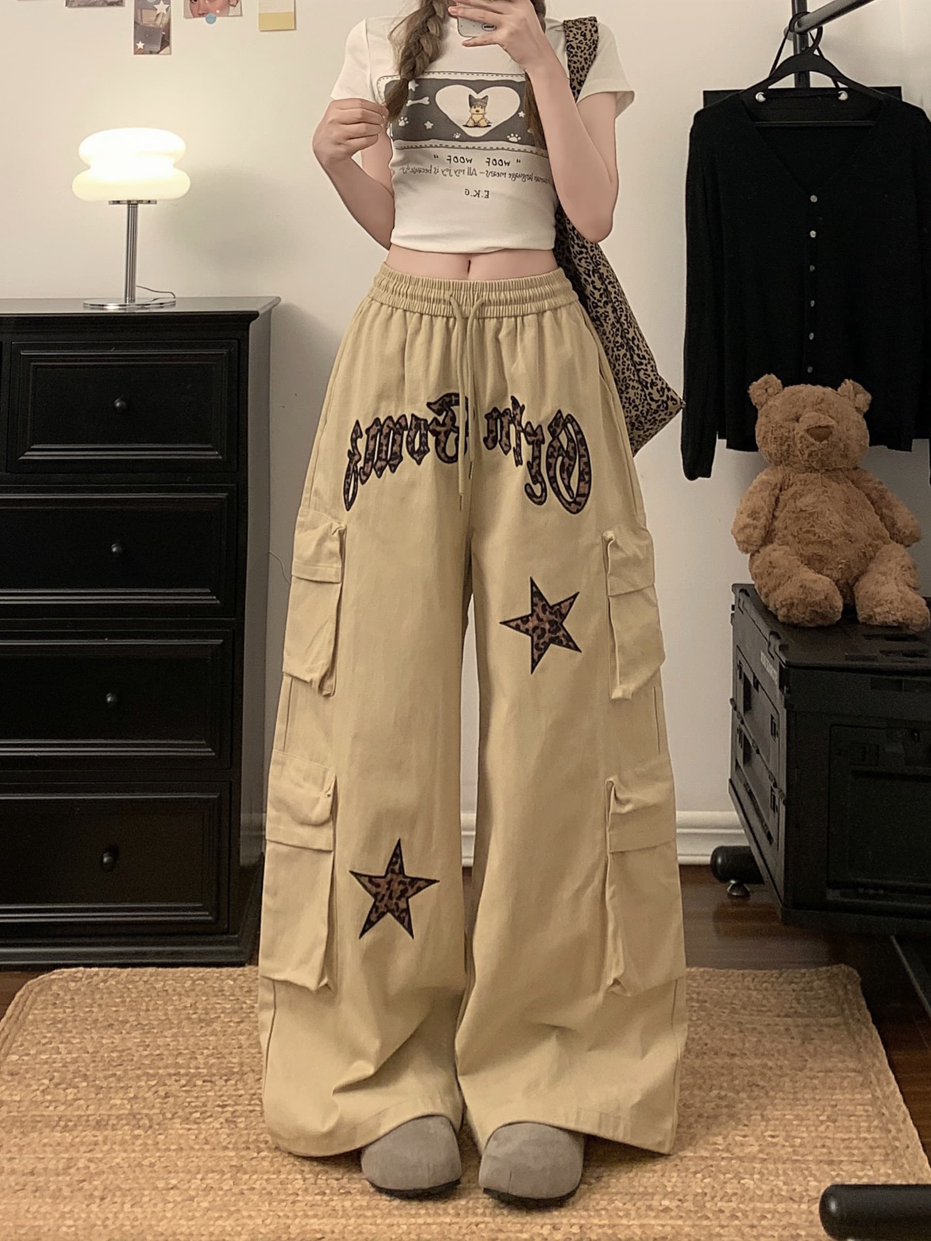 실사 아메리칸 레오파드 무늬 알파벳 자수 기타 주머니 스트레이트 워크웨어 팬츠 남녀 조수 브랜드 루즈핏 와이드 레그 팬츠