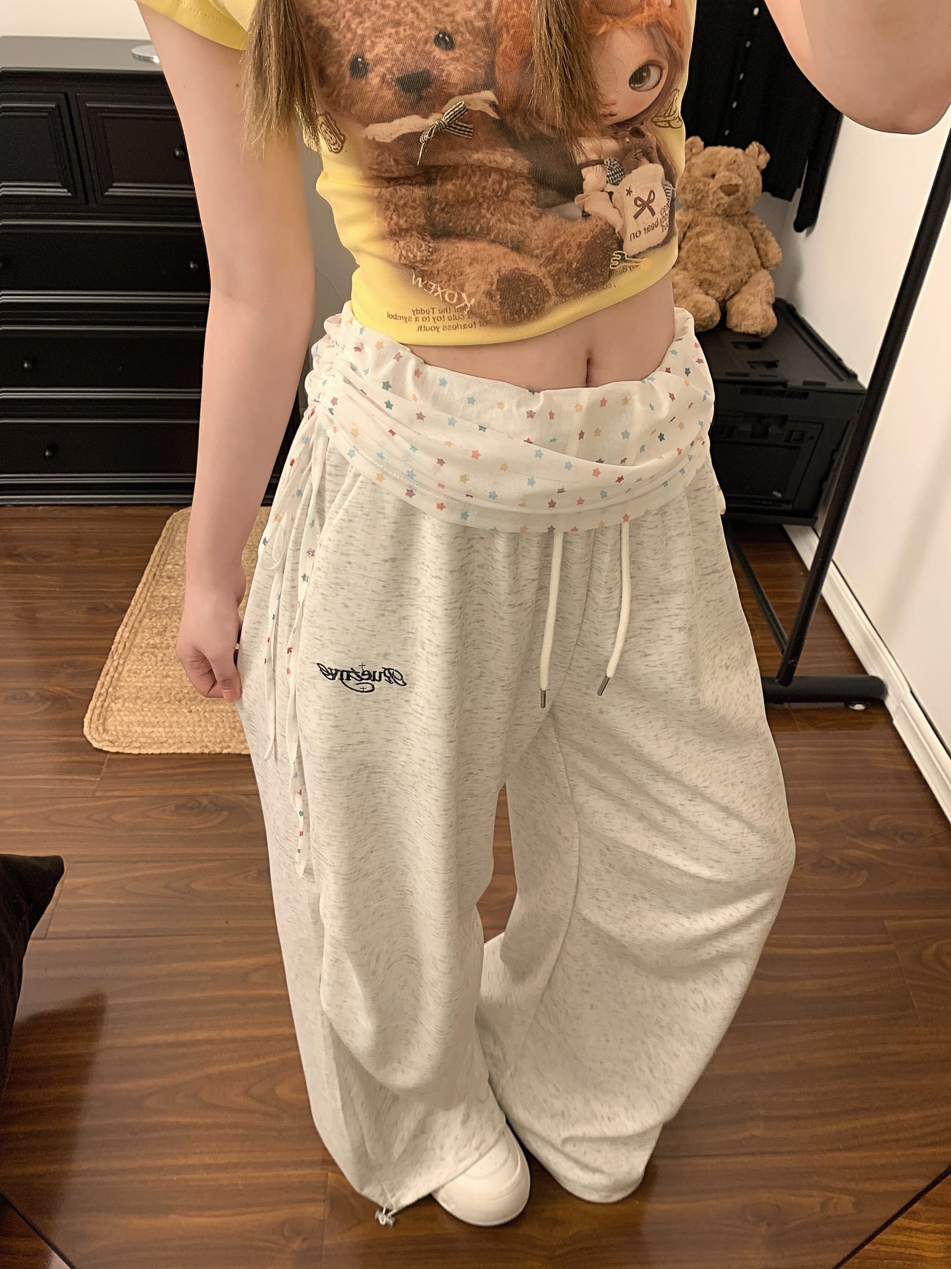 실사 아메리칸 패치워크 별 뒤집다 허리 운동 웨이 바지 여성 루즈핏 주름 재즈 댄스 넓은 다리 스트레이트 캐주얼 긴 바지 상세 이미지 17