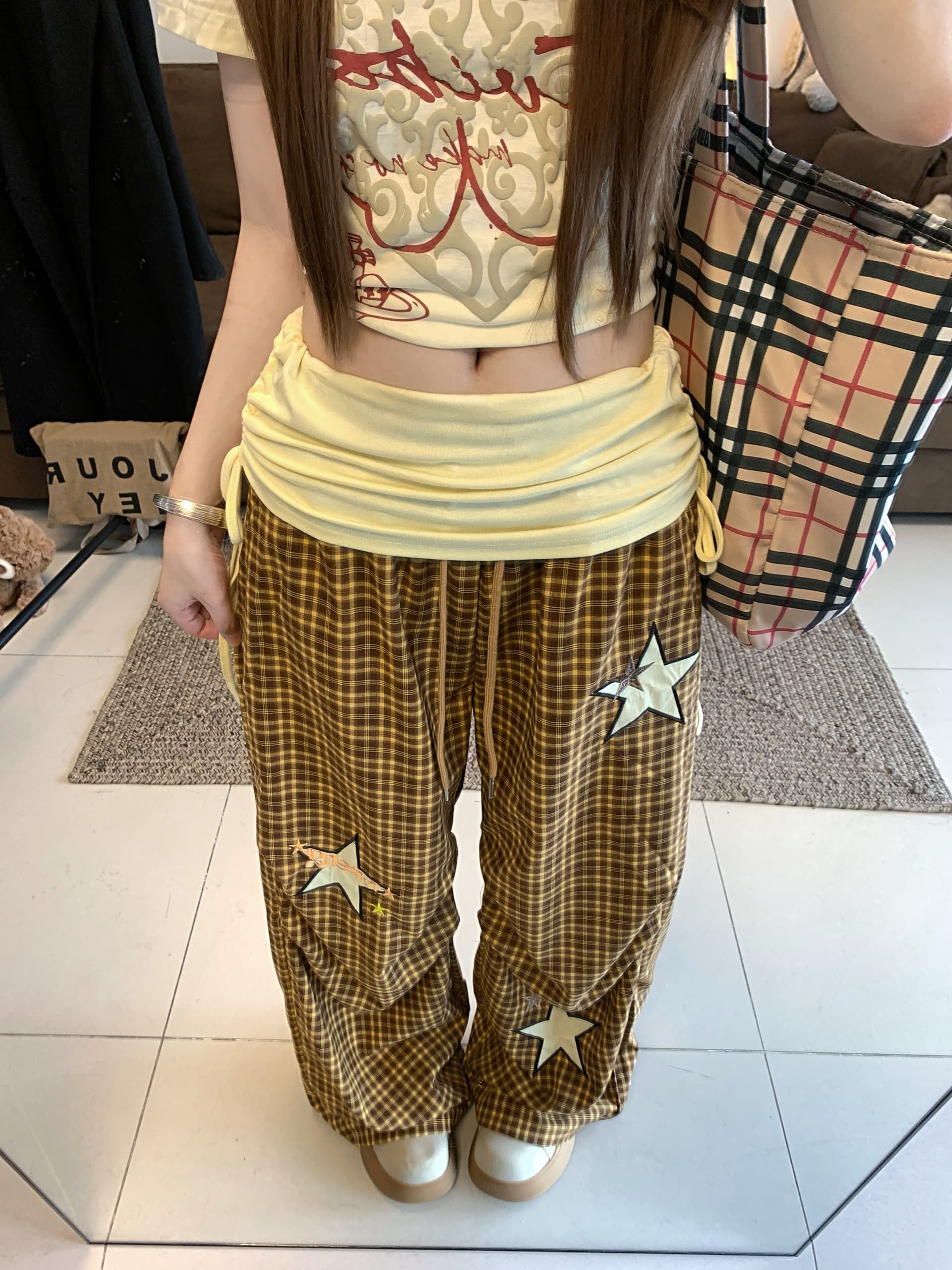 실사 아메리칸 패치워크 뒤집다 허리 자수 체크무늬 바지 여성 루즈핏 주름 도루 센스 재즈 댄스 넓은 다리 스트레이트 캐주얼 바지 상세 이미지 22