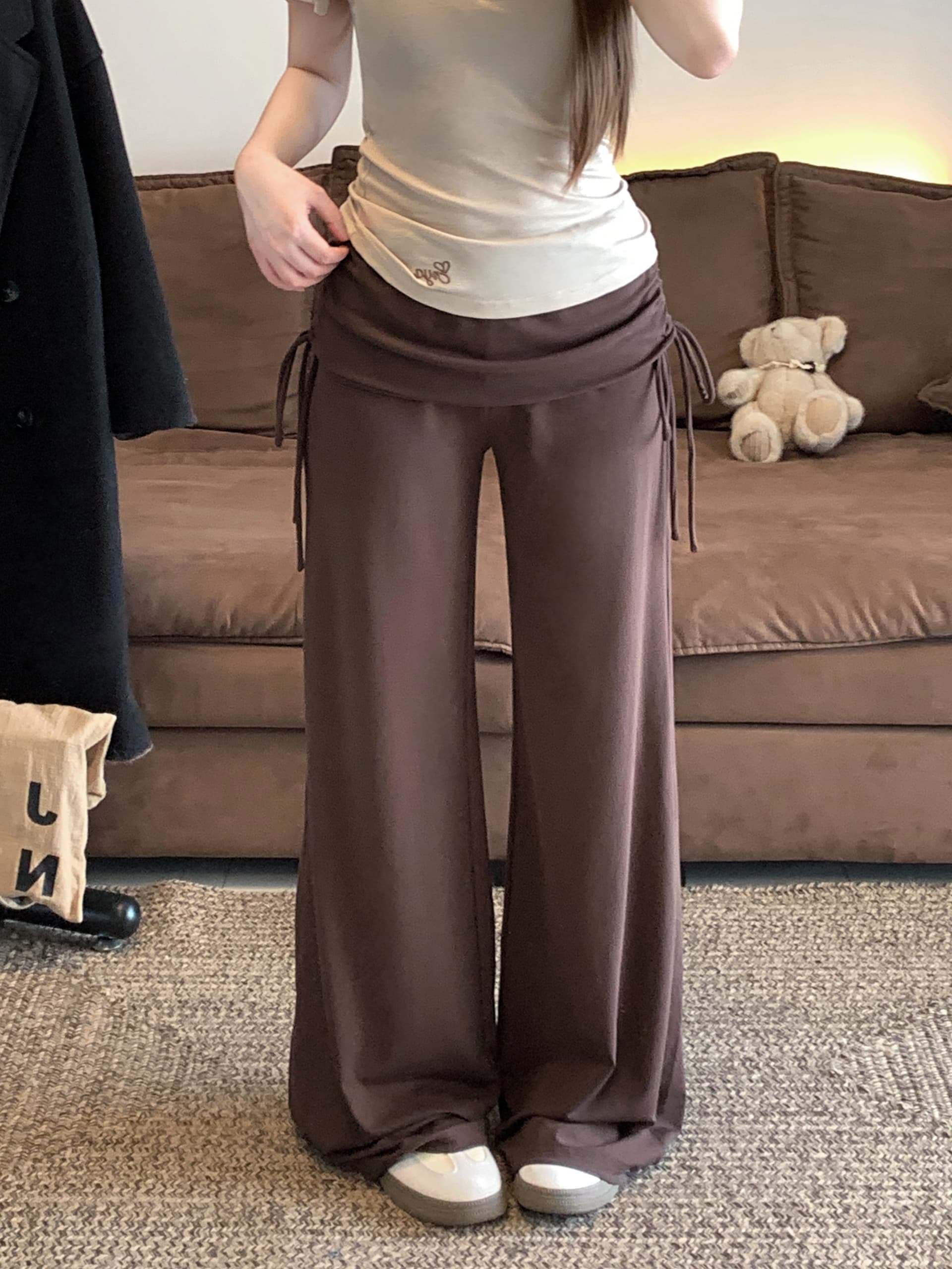 실사 핫걸 뒤집다 측면 페이크 레이어드 허리 와이드 레깅스 바지 여름 펌프 로프 부츠컷 슬림해 보이는 캐주얼 요가 긴 바지