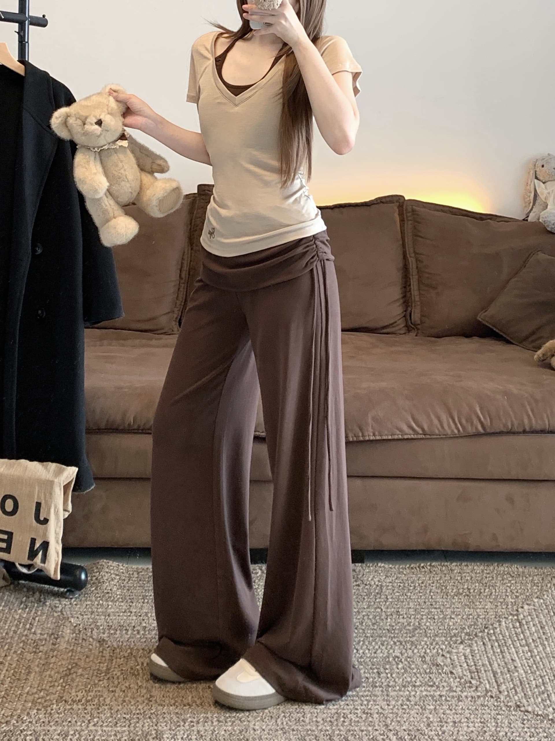 실사 핫걸 뒤집다 측면 페이크 레이어드 허리 와이드 레깅스 바지 여름 펌프 로프 부츠컷 슬림해 보이는 캐주얼 요가 긴 바지 상세 이미지 6