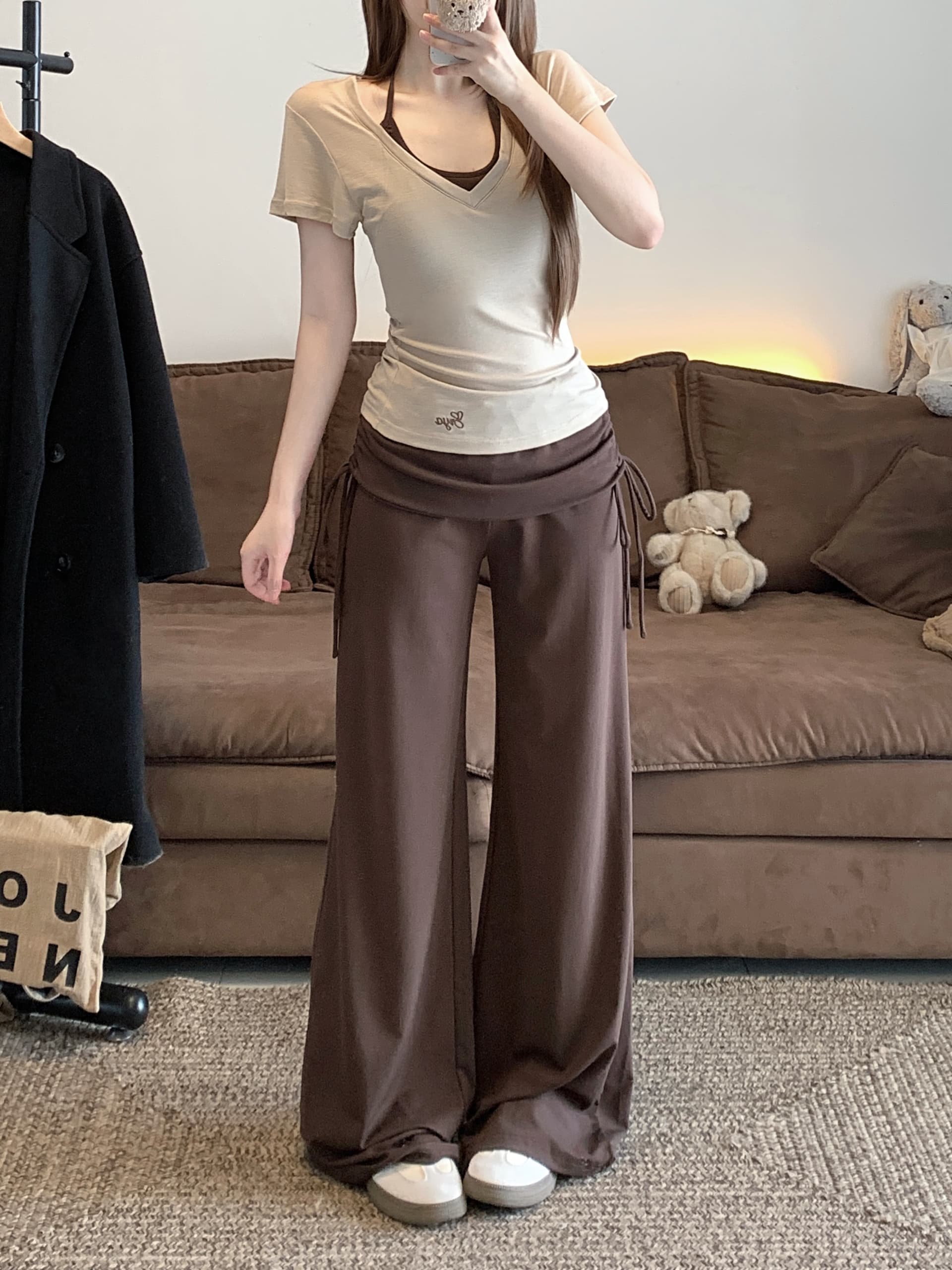 실사 핫걸 뒤집다 측면 페이크 레이어드 허리 와이드 레깅스 바지 여름 펌프 로프 부츠컷 슬림해 보이는 캐주얼 요가 긴 바지 상세 이미지 7