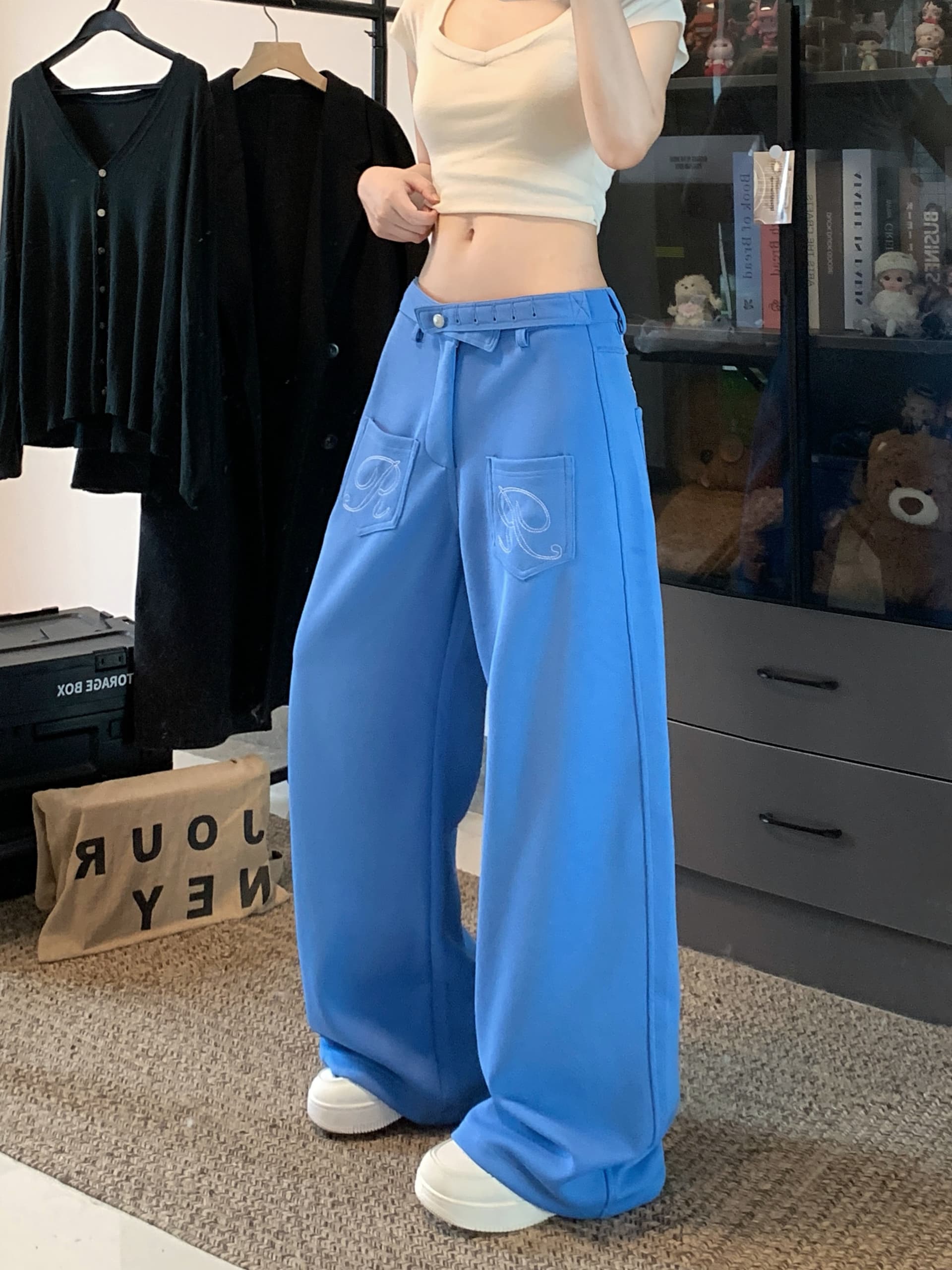 아메리칸 레트로 파리 버클 디자인 자수 식물 플러시 프린트 모통이 칼 와이드 레그 팬츠 남녀 ins 느긋한 웨이 바지 상세 이미지 4
