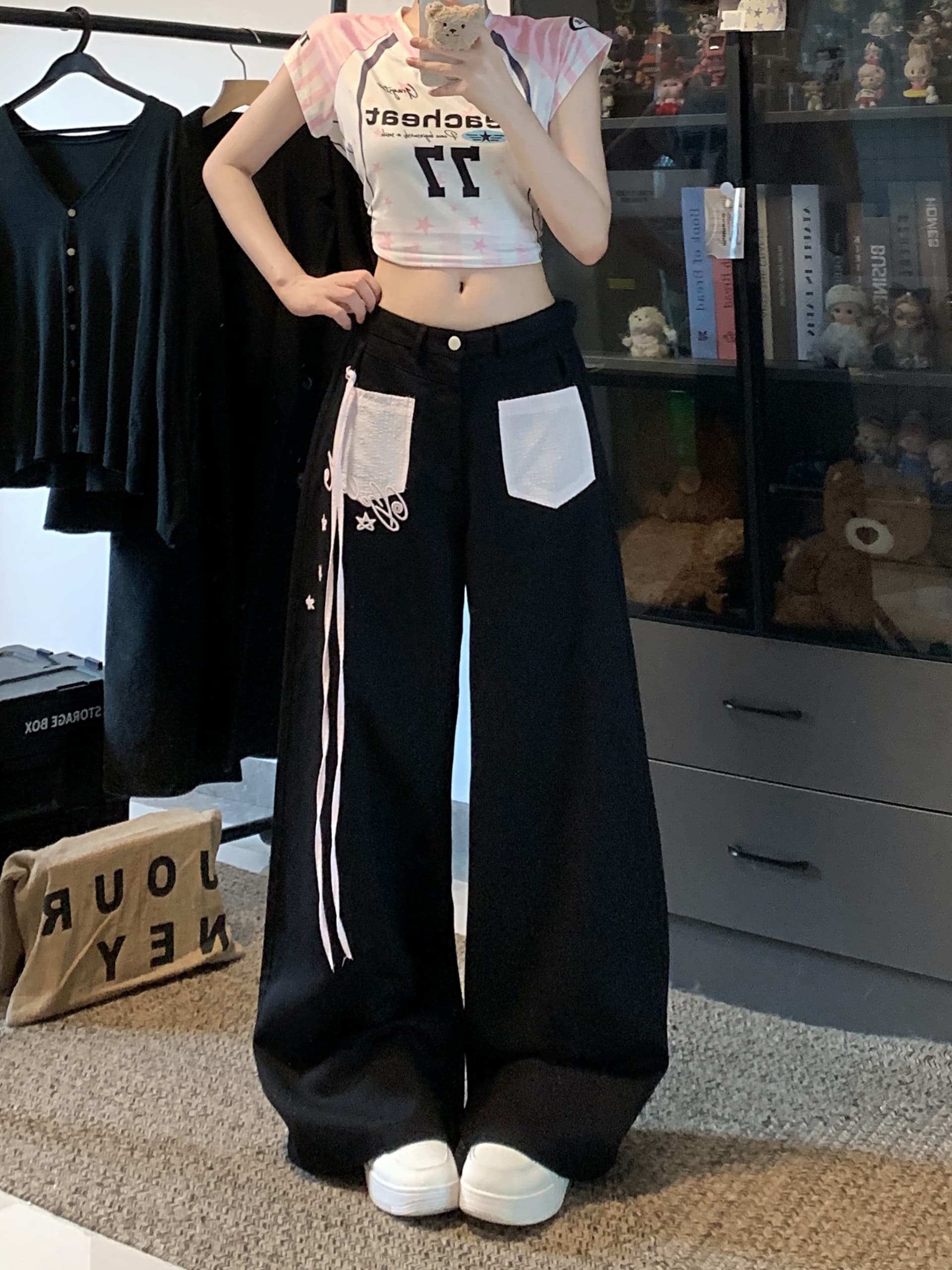 실사 별 알파벳 자수 바지 아이들 빛 아시아 인 바람 y2k 슬림해 보이는 와이드 레그 팬츠 도루 센스 루즈핏 캐주얼 바지 상세 이미지 11