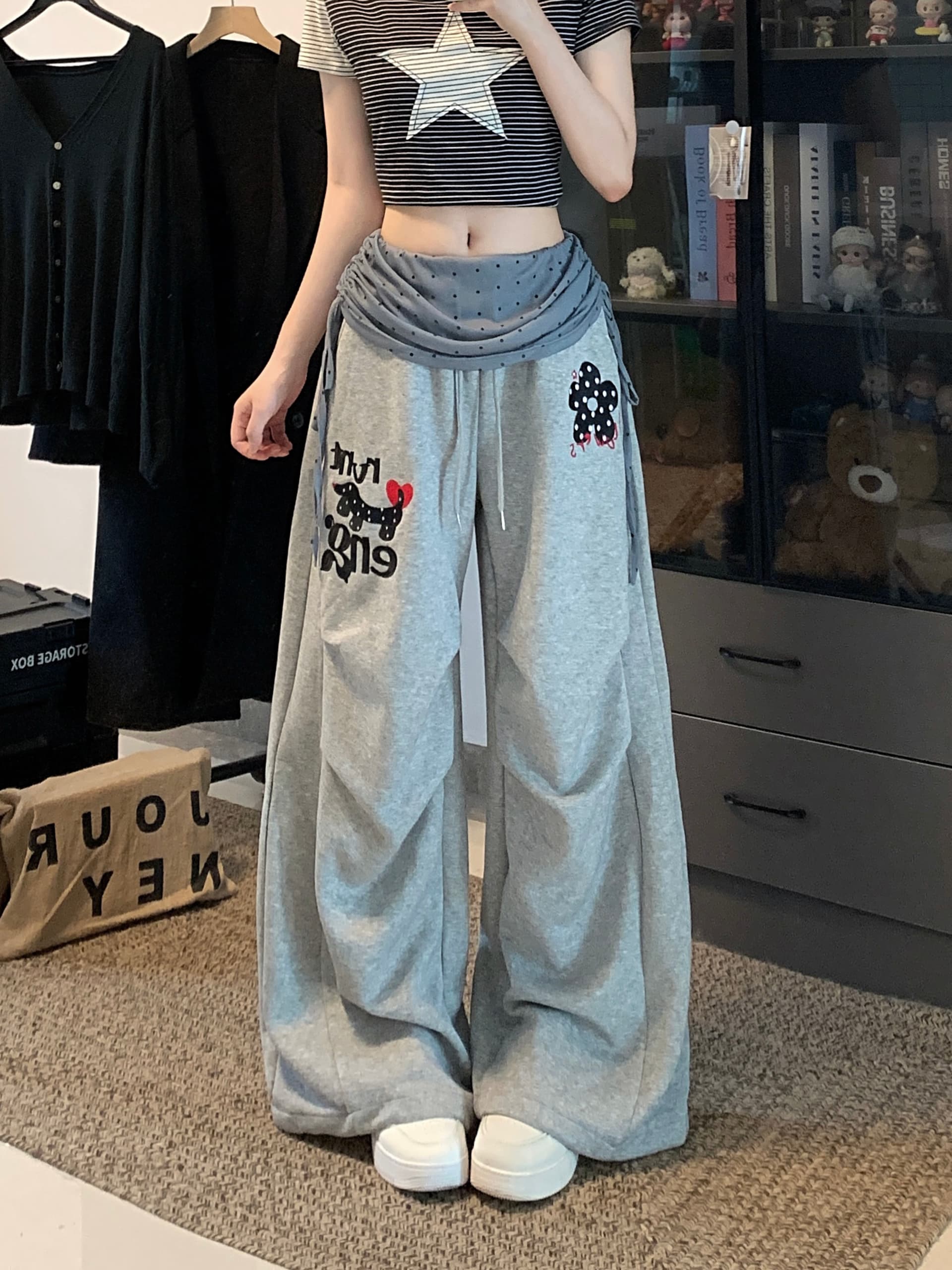 실사 아메리칸 캐주얼 달마 시안 망사 패치워크 캐주얼 와이드 레깅스 바지 주름 루즈핏 낙하산 모통이 칼 바지