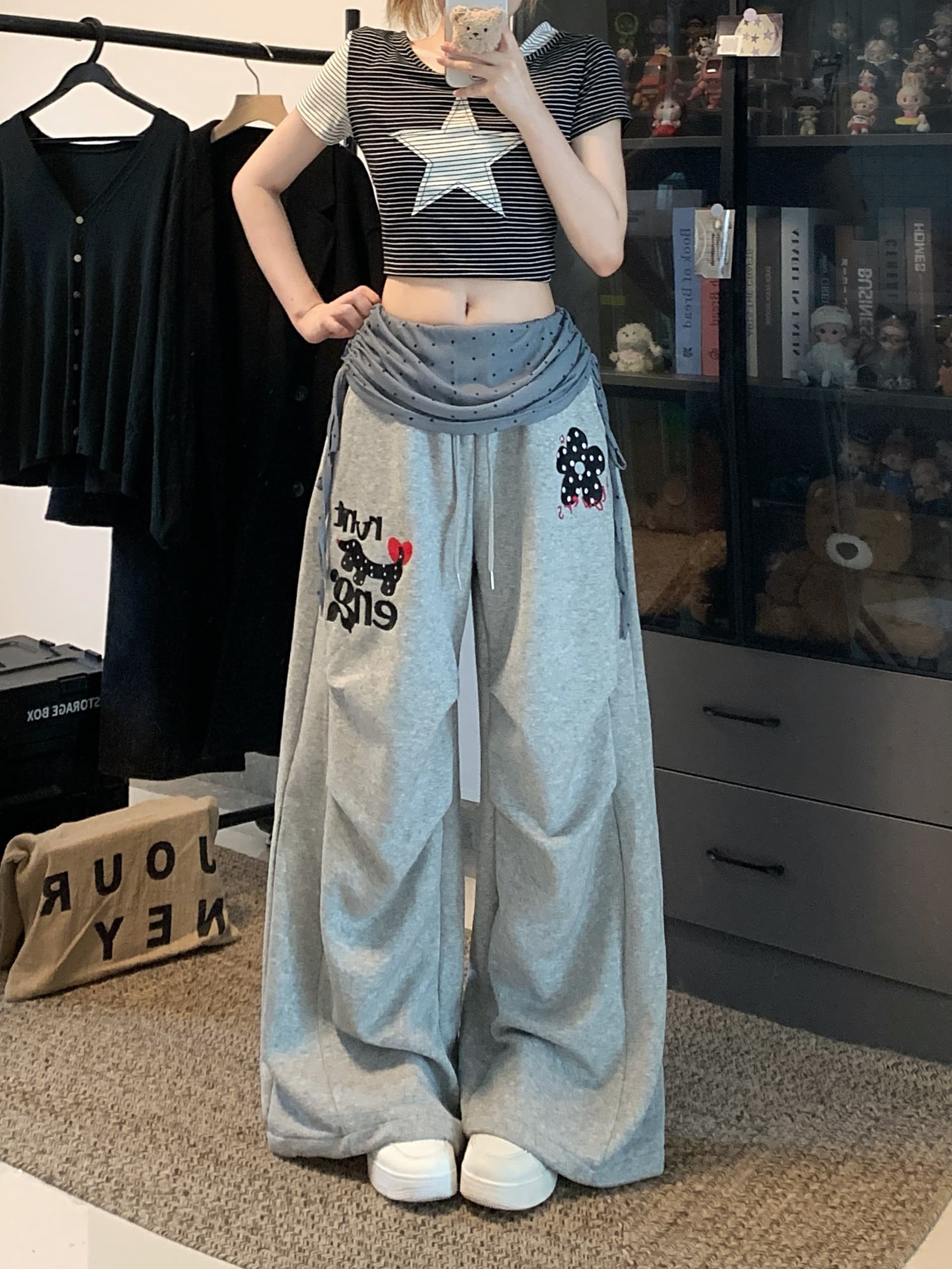 실사 아메리칸 캐주얼 달마 시안 망사 패치워크 캐주얼 와이드 레깅스 바지 주름 루즈핏 낙하산 모통이 칼 바지 상세 이미지 4