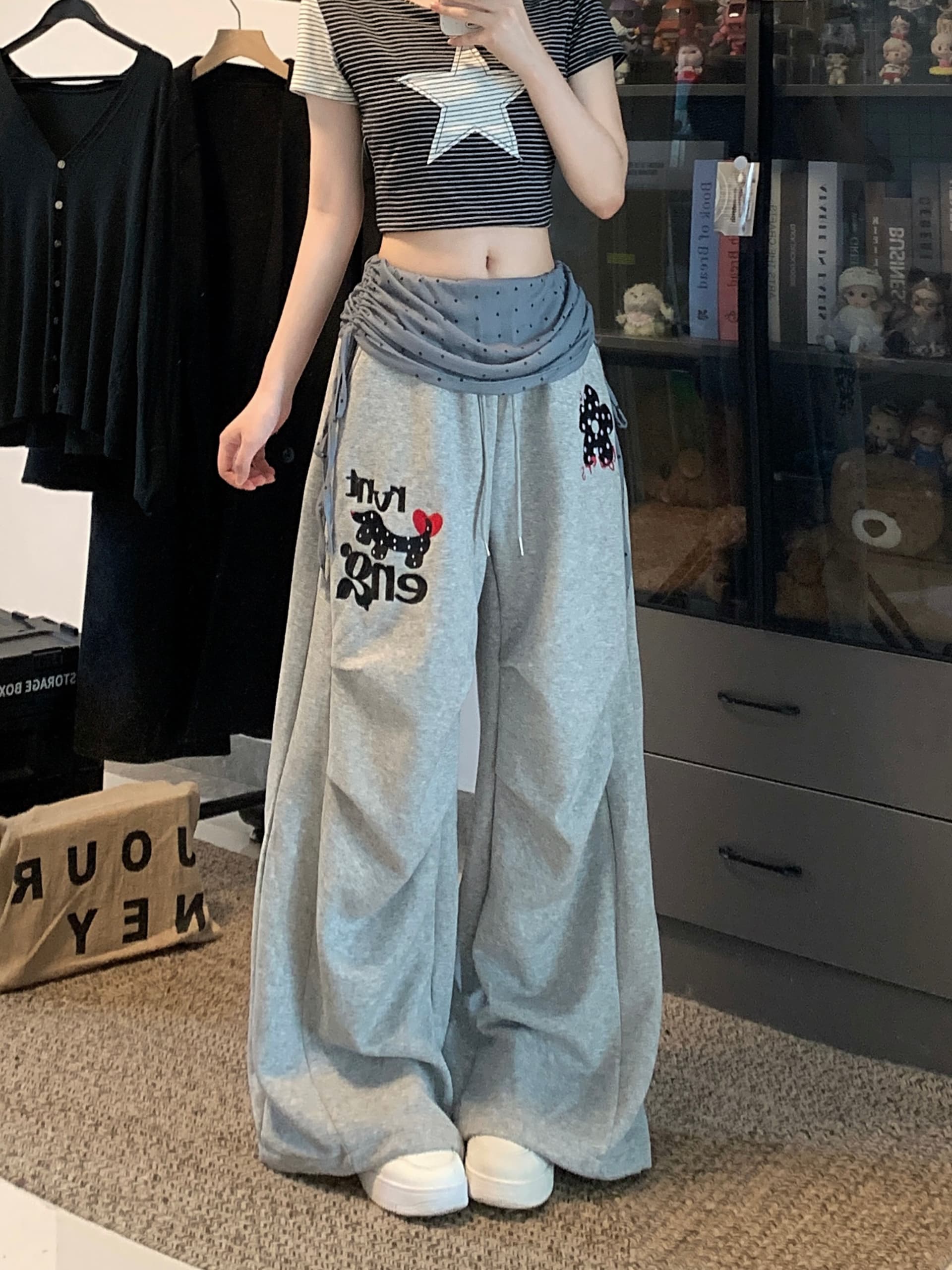 실사 아메리칸 캐주얼 달마 시안 망사 패치워크 캐주얼 와이드 레깅스 바지 주름 루즈핏 낙하산 모통이 칼 바지 상세 이미지 5